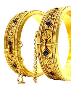Cabochon Sapphire and 15K Yellow Gold Etruscan Bangle Bracelets
