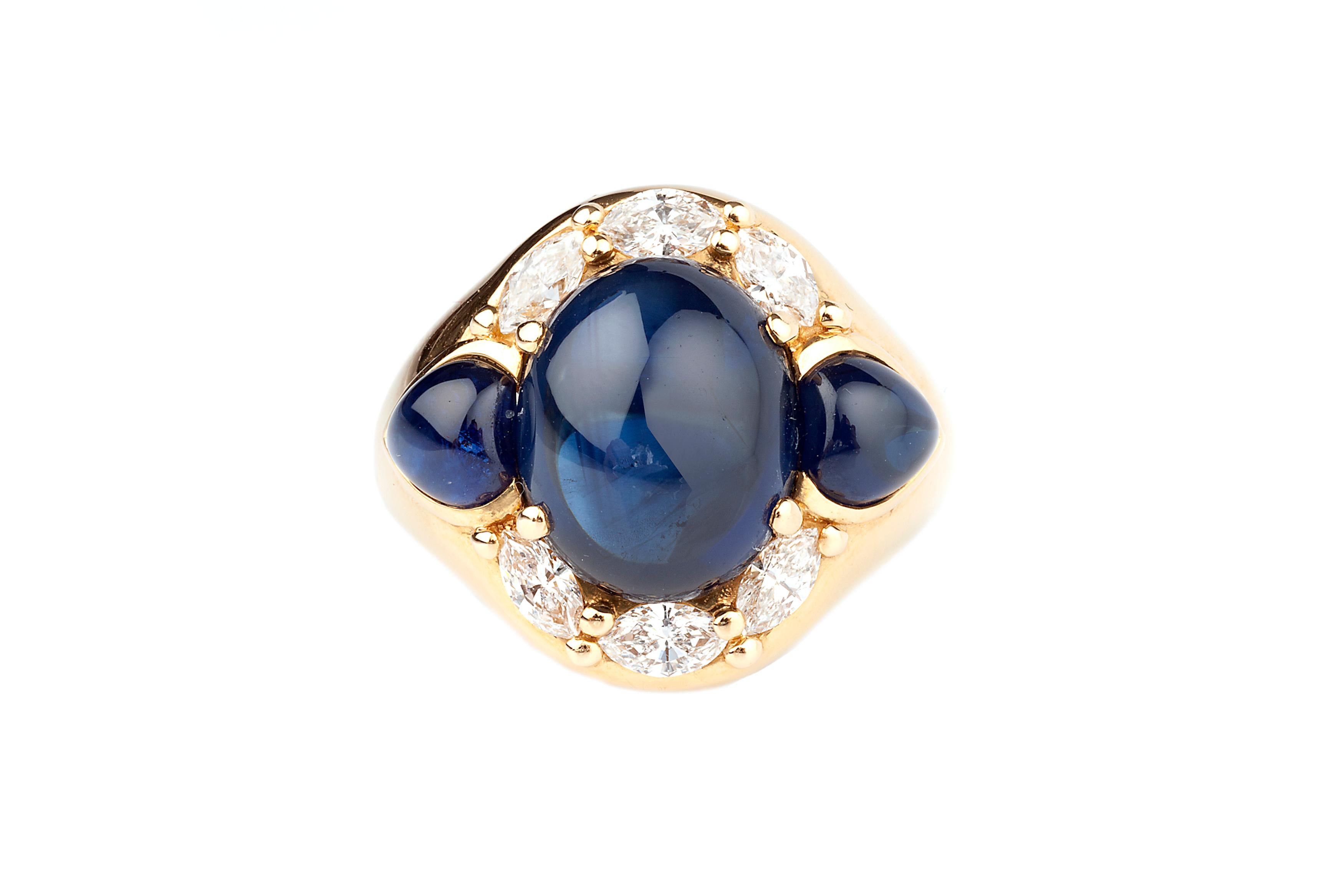 Pear Cut Cabochon Sapphire and Diamond 1970s 18 Karat Gold Dress Ring For Sale