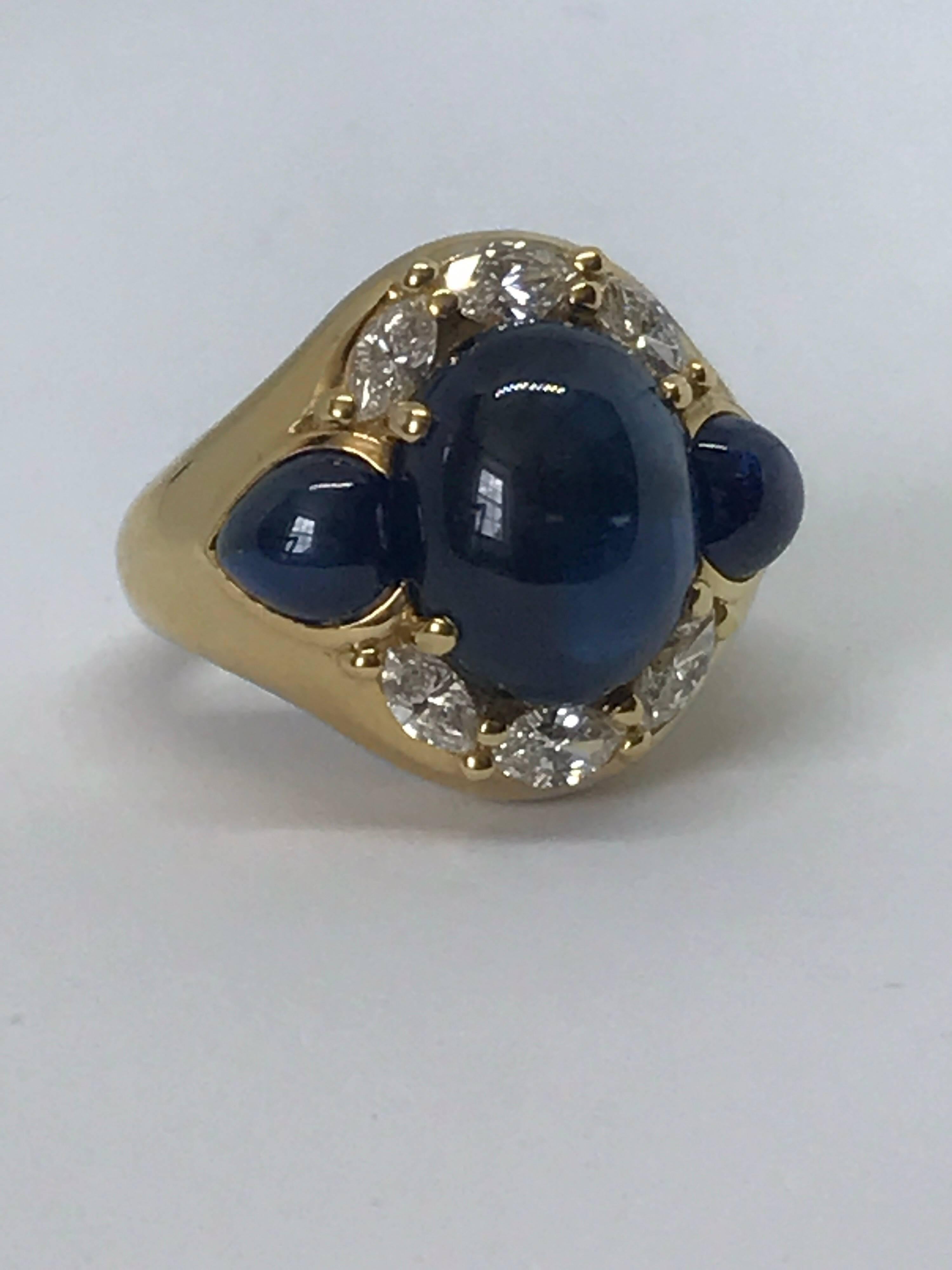 Women's Cabochon Sapphire and Diamond 1970s 18 Karat Gold Dress Ring For Sale