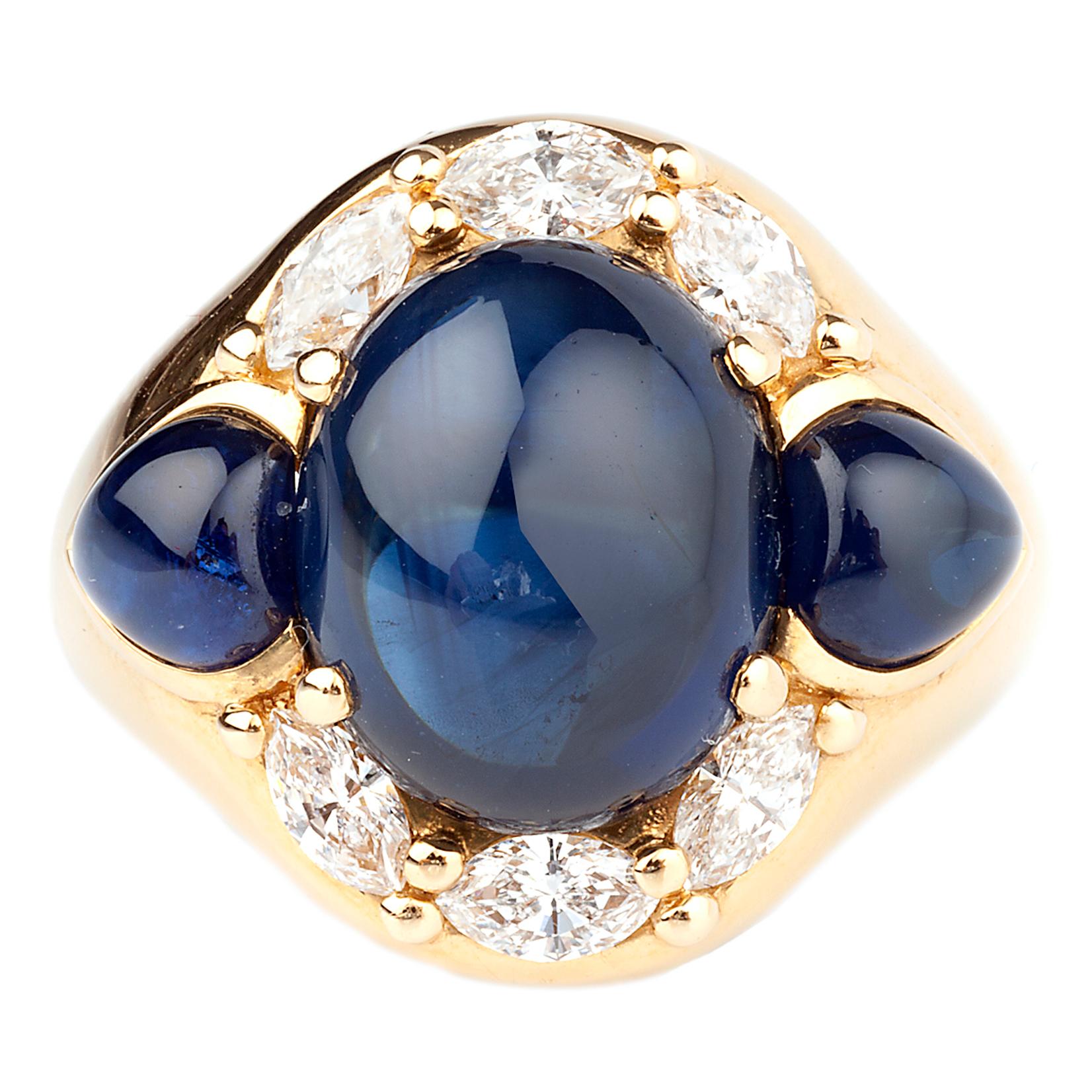 Cabochon Sapphire and Diamond 1970s 18 Karat Gold Dress Ring For Sale