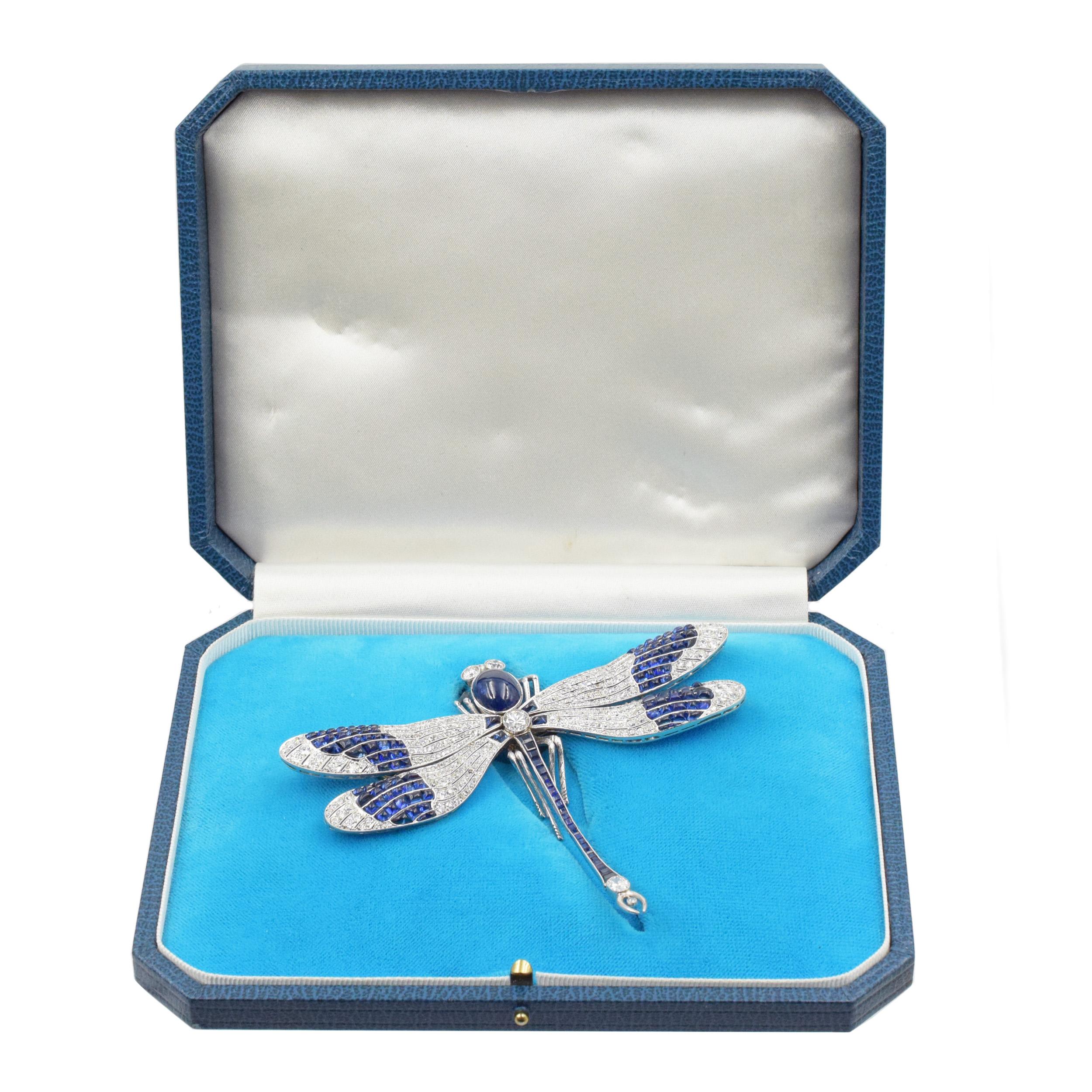 Artist Cabochon Sapphire and Diamond Dragonfly Brooch  For Sale