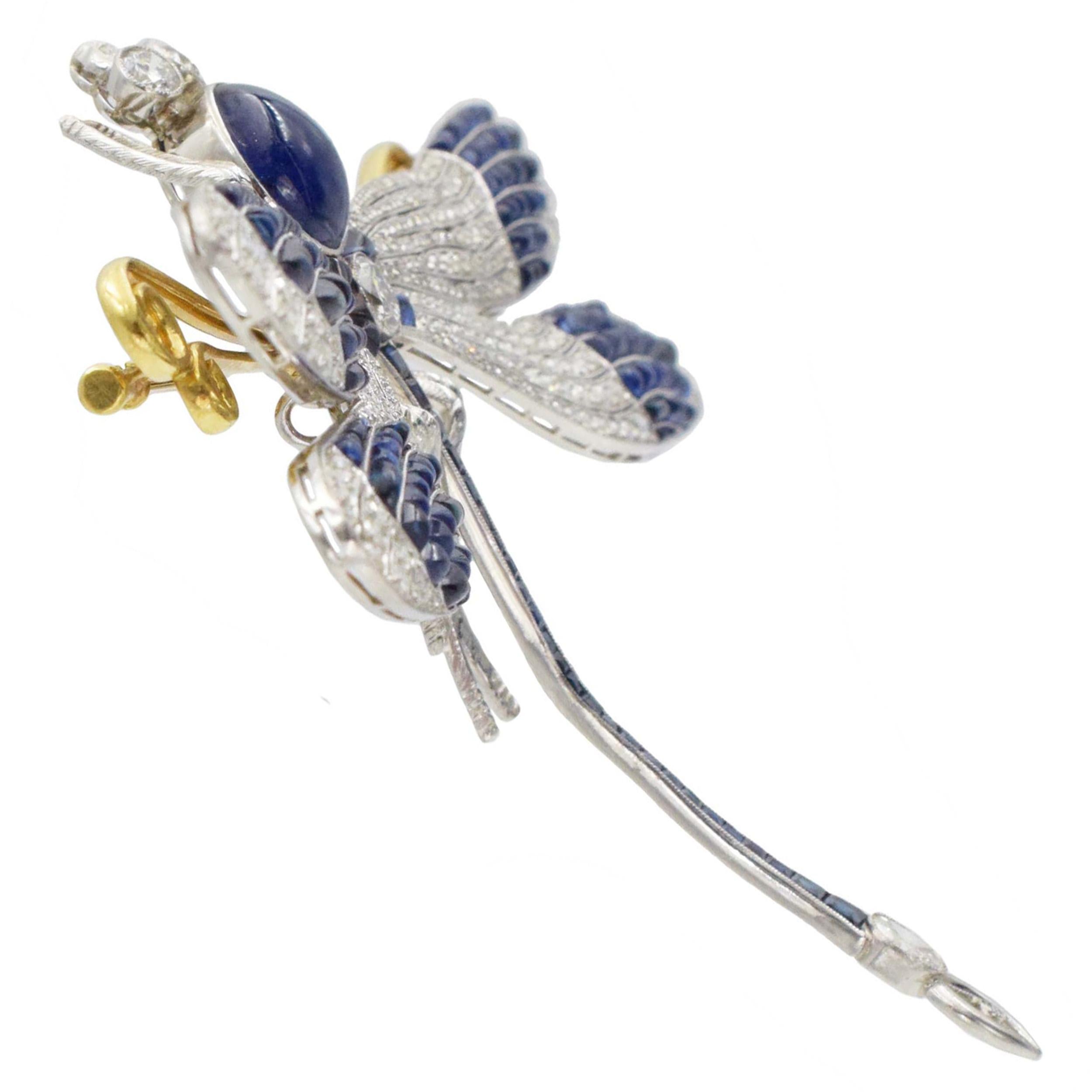 Women's or Men's Cabochon Sapphire and Diamond Dragonfly Brooch  For Sale