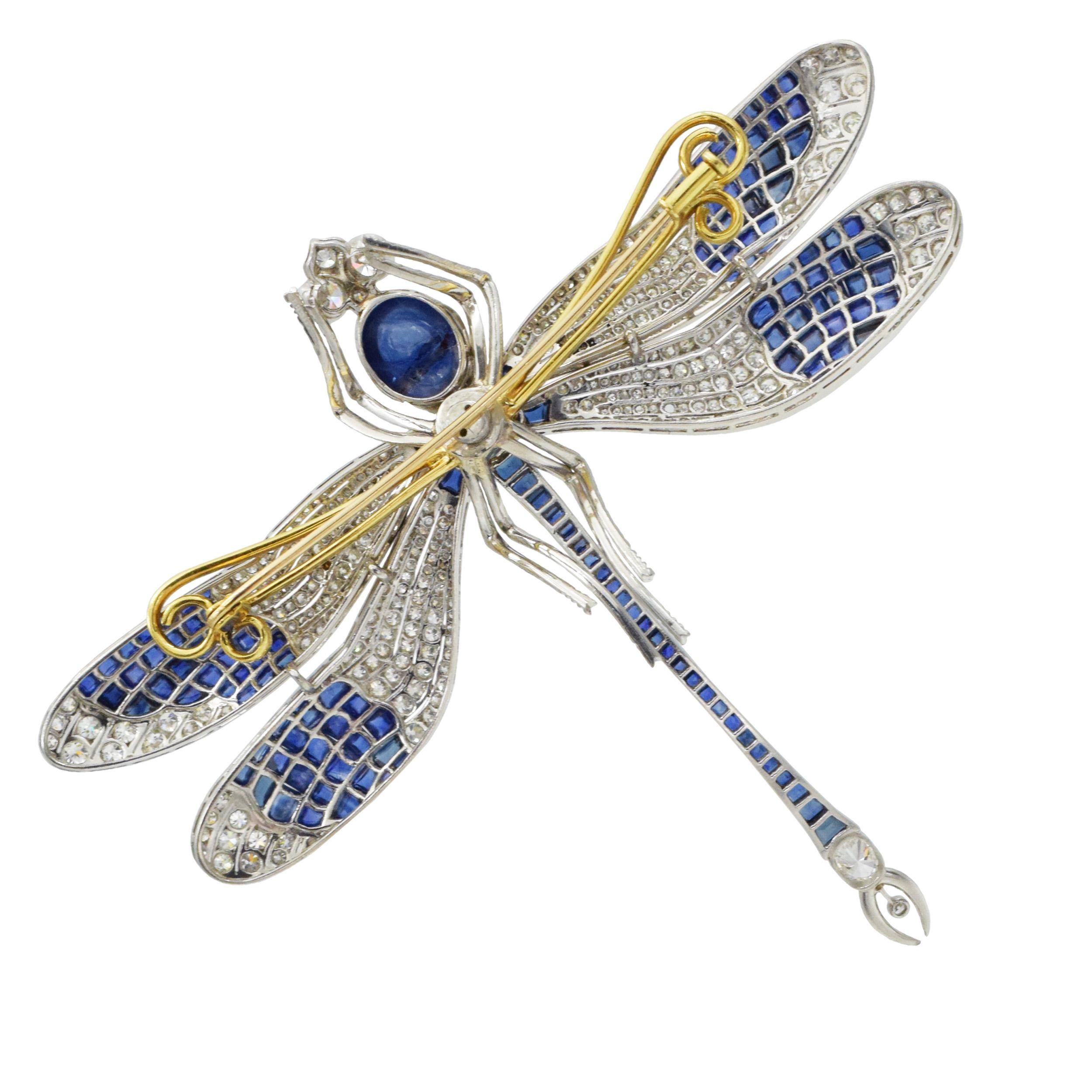 Cabochon Sapphire and Diamond Dragonfly Brooch  For Sale 2
