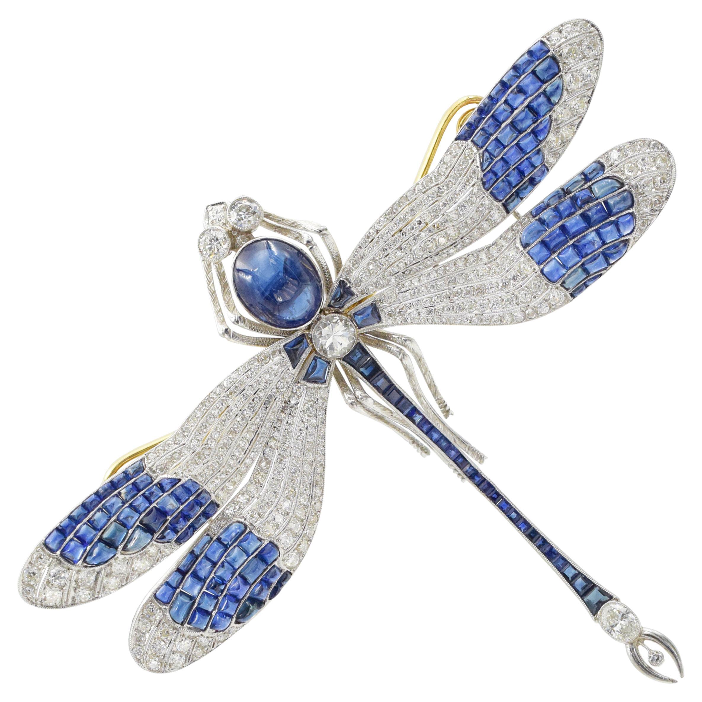 Cabochon Sapphire and Diamond Dragonfly Brooch  For Sale