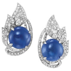 Certified 32cts Burmese Cabochon Sapphire and Multi-Faceted Diamond Earrings