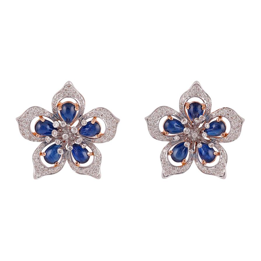 Cabochon Sapphire and Diamond Earrings, Set in 18 Karat Rose and White Gold