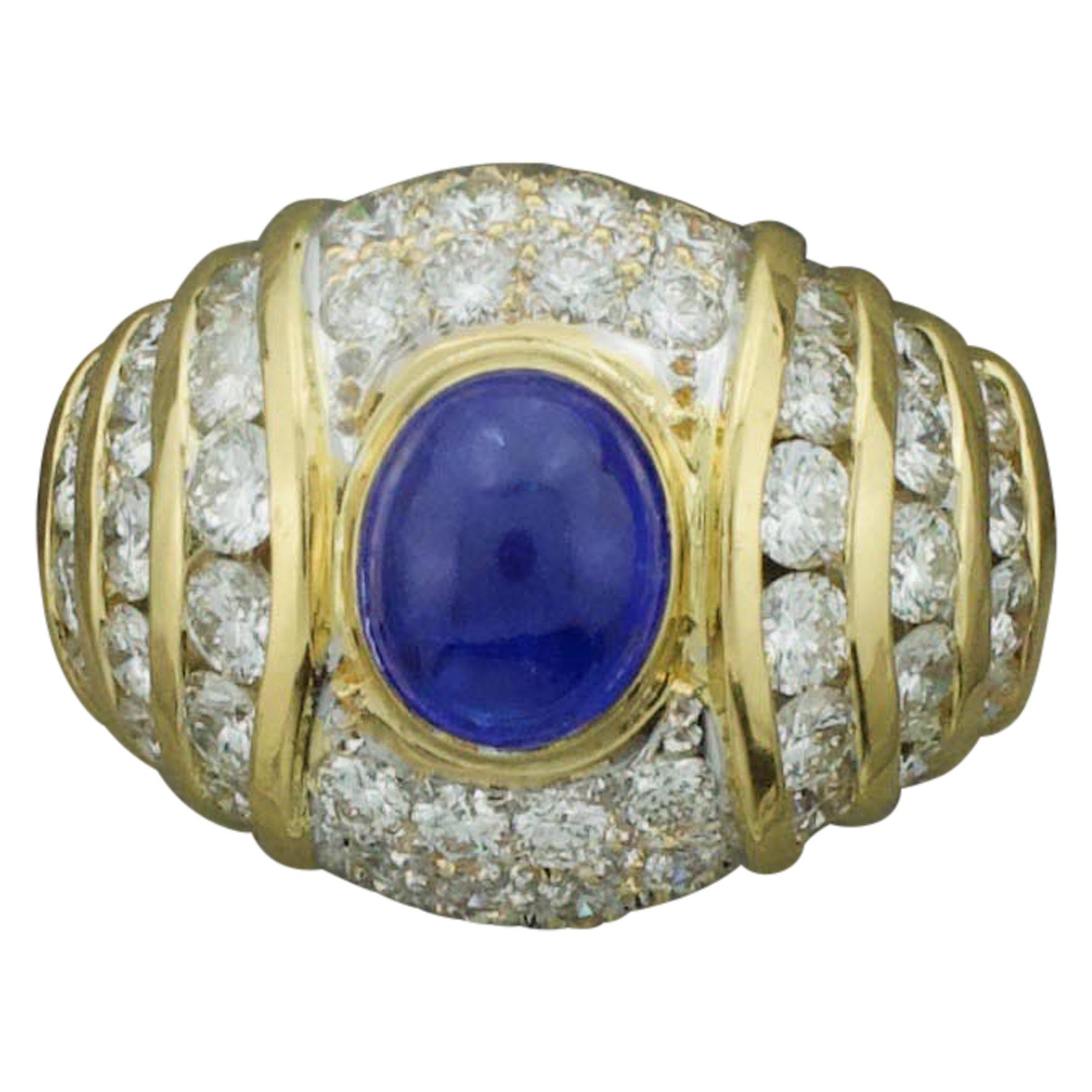 Cabochon Sapphire and Diamond Fashion Ring in 18 Karat Yellow Gold circa 1970s