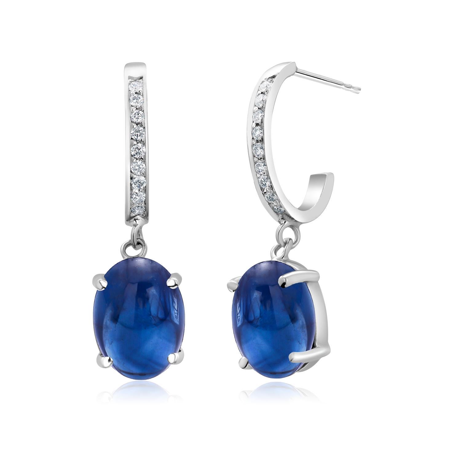 Contemporary Cabochon Sapphire and Diamond Gold Hoop Earrings Weighing 6.23 Carats