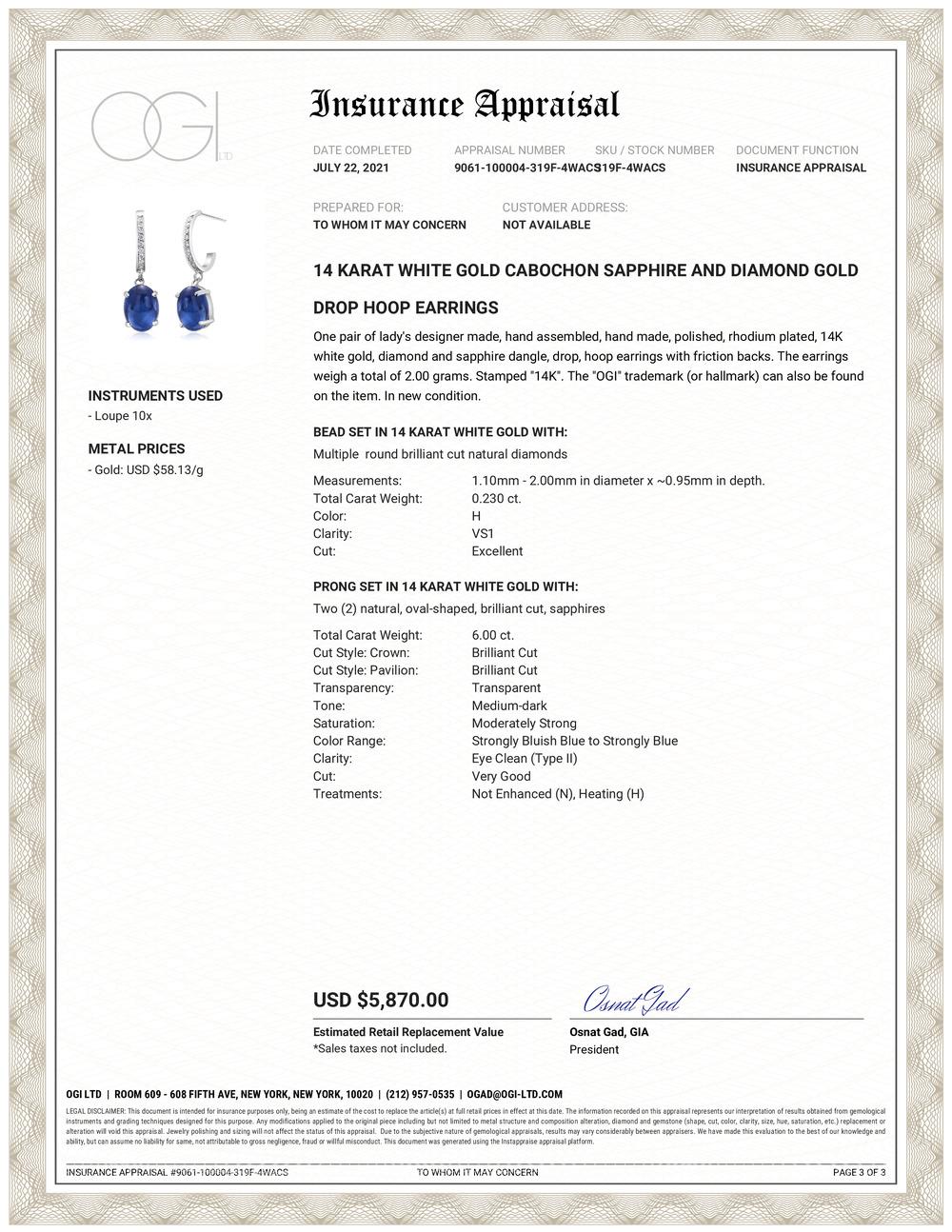 Fourteen karats white gold drop hoop earrings 
Two cushion-shaped cabochon sapphires weighing 6.00 carat 
Diamonds weighing 0.23
Sapphire hue color is of royal blue tone
One of a kind earrings 
New Earrings 
Earrings are hanging of a straight post