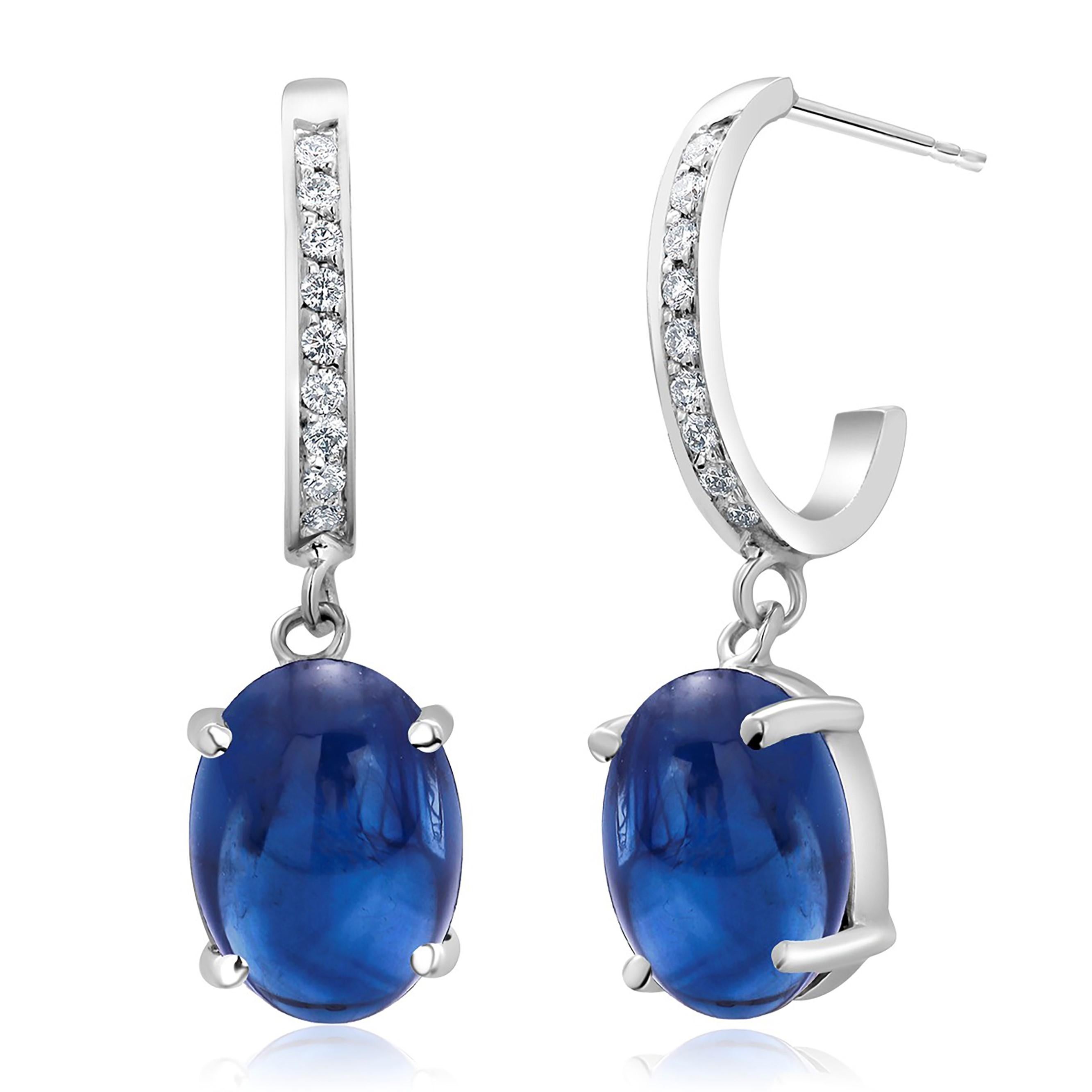 Oval Cut Cabochon Sapphire and Diamond Gold Hoop Earrings Weighing 6.23 Carats