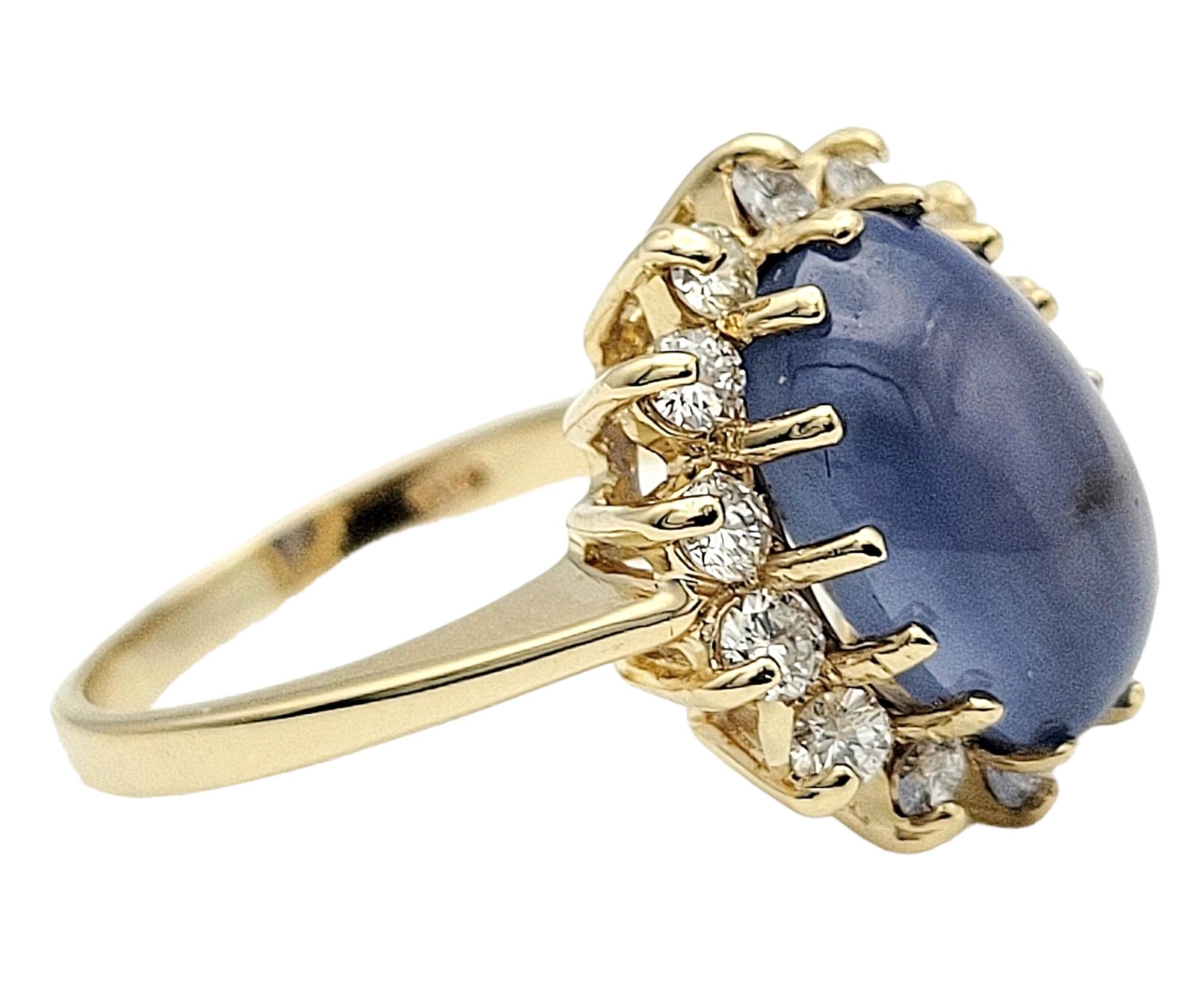 Ring Size: 7 

Elevate your fine jewelry collection with this captivating cabochon sapphire & diamond halo cocktail ring. With its mesmerizing blue hue, the remarkable 10 carat cabochon sapphire takes center stage, sitting proudly atop the delicate