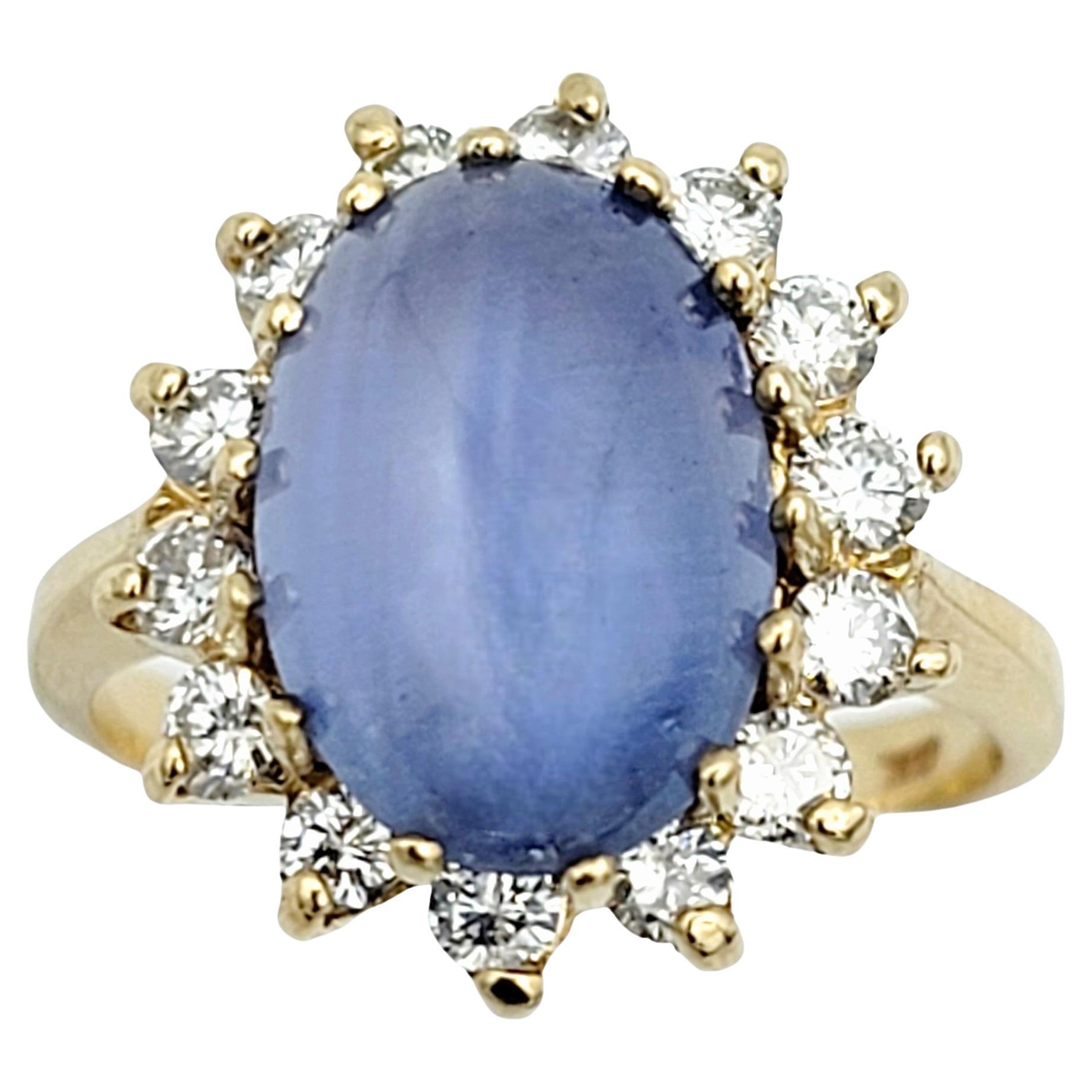 Cabochon Sapphire and Diamond Halo Cocktail Ring in 14 Karat Yellow Gold For Sale