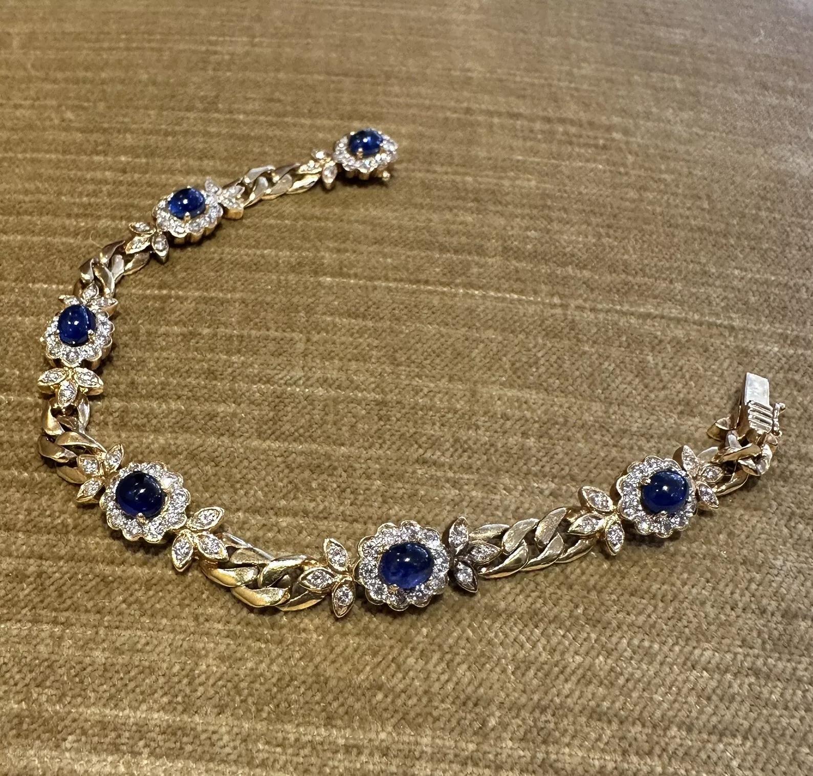 Bracelet à maillons en or jaune 18 carats avec saphir cabochon et diamants Excellent état - En vente à La Jolla, CA