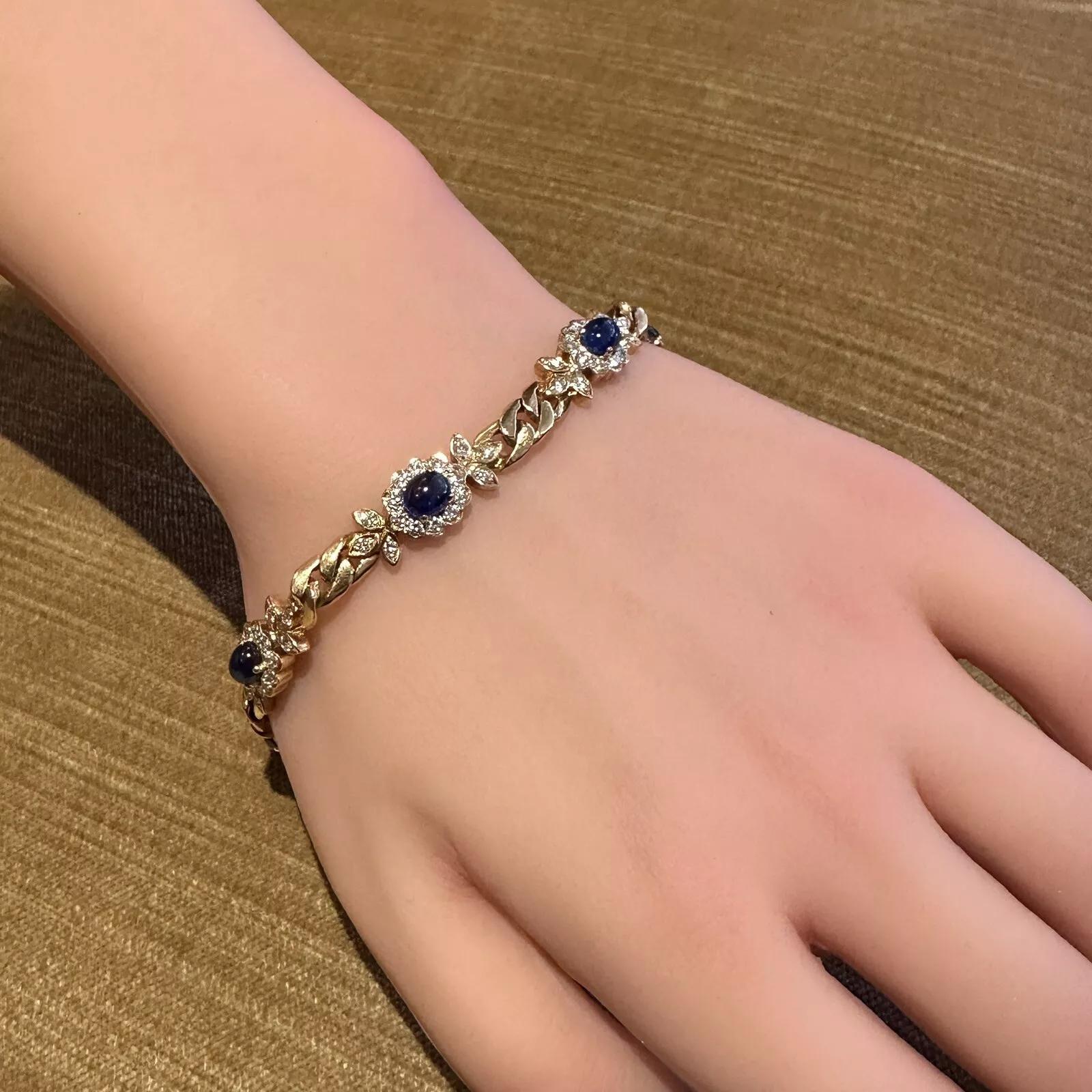 Bracelet à maillons en or jaune 18 carats avec saphir cabochon et diamants en vente 2