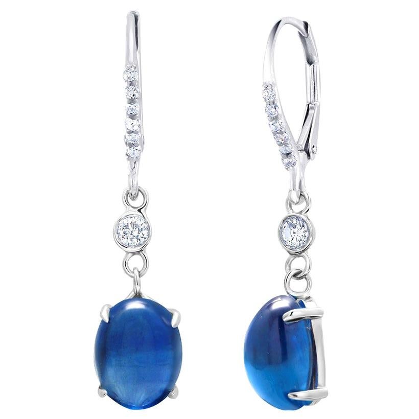 Oval Cut Cabochon Sapphire and Diamond White Gold Hoop Drop Earrings Weighing 10.55 Carat