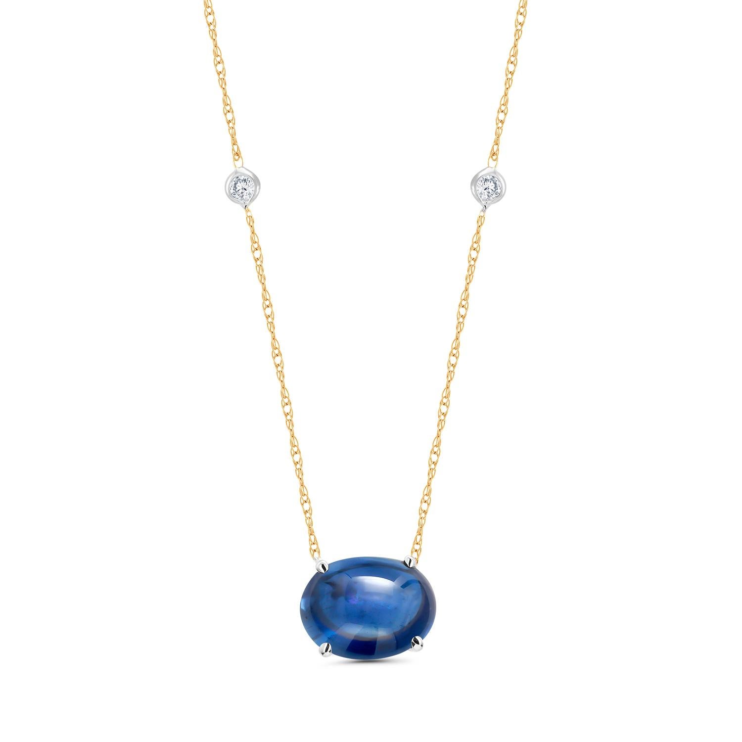 Oval Cut Cabochon Sapphire and Diamonds Set in Bezel Gold Necklace Pendant