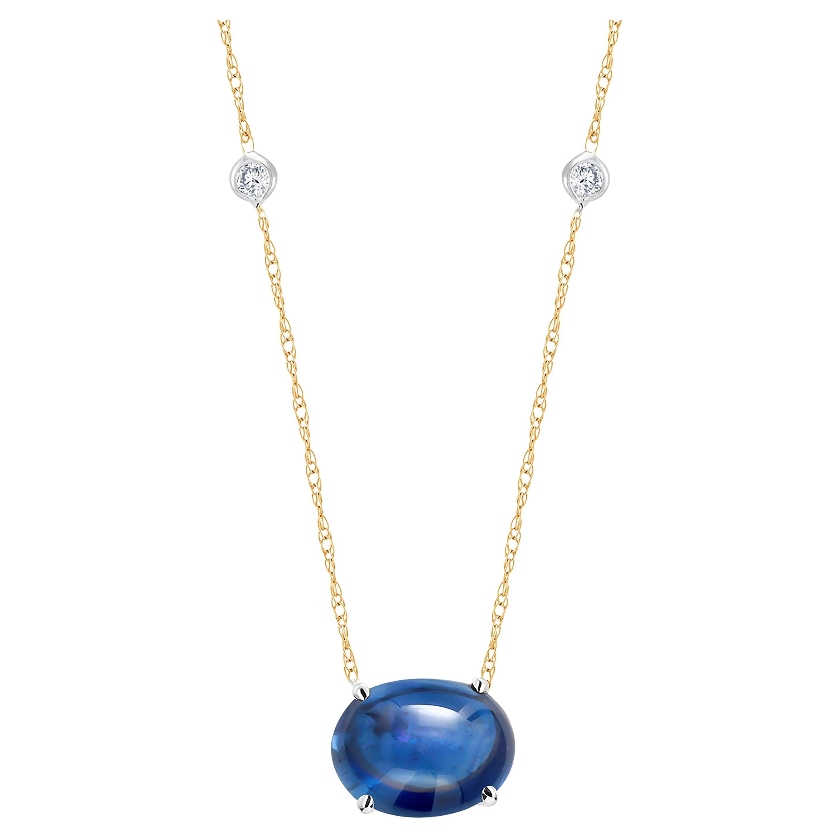 Cabochon Sapphire and Diamonds Set in Bezel Gold Necklace Pendant