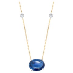 Cabochon Sapphire and Diamonds Set in Bezel Gold Necklace Pendant