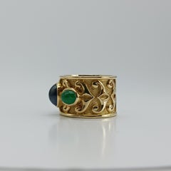 Cabochon Sapphire and Emerald Ring in 18K Yellow Gold, Textured Wide Band, 1990