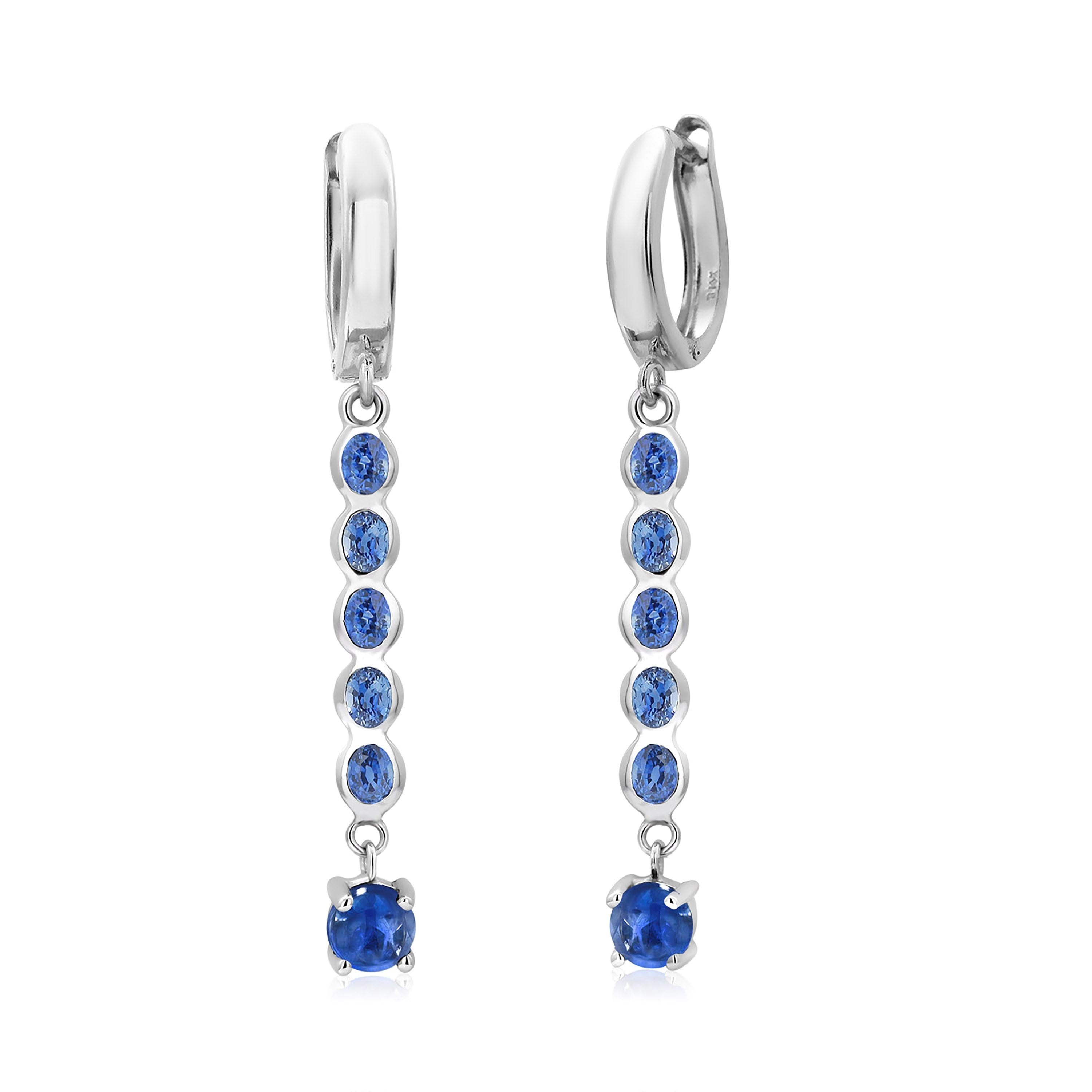 Contemporary Cabochon Sapphire and Oval Sapphire Linear Huggie Lever Back Gold Hoop Earrings