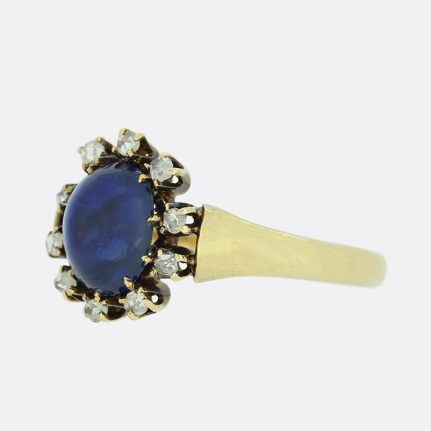 This is a very pretty Victorian sapphire and diamond cluster ring. The ring features a central cabochon sapphire surrounded by a cluster of rose cut diamonds and crafted in 14ct yellow gold with a tapered band.

Condition: Used (Very Good)
Weight: