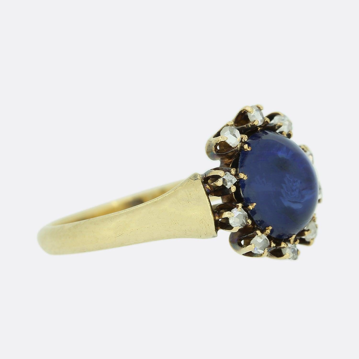Victorian Cabochon Sapphire and Rose Cut Diamond Cluster Ring For Sale