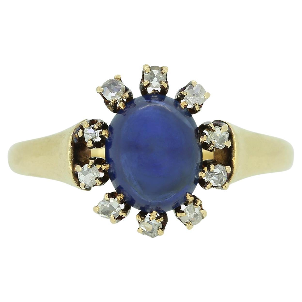 Cabochon Sapphire and Rose Cut Diamond Cluster Ring For Sale