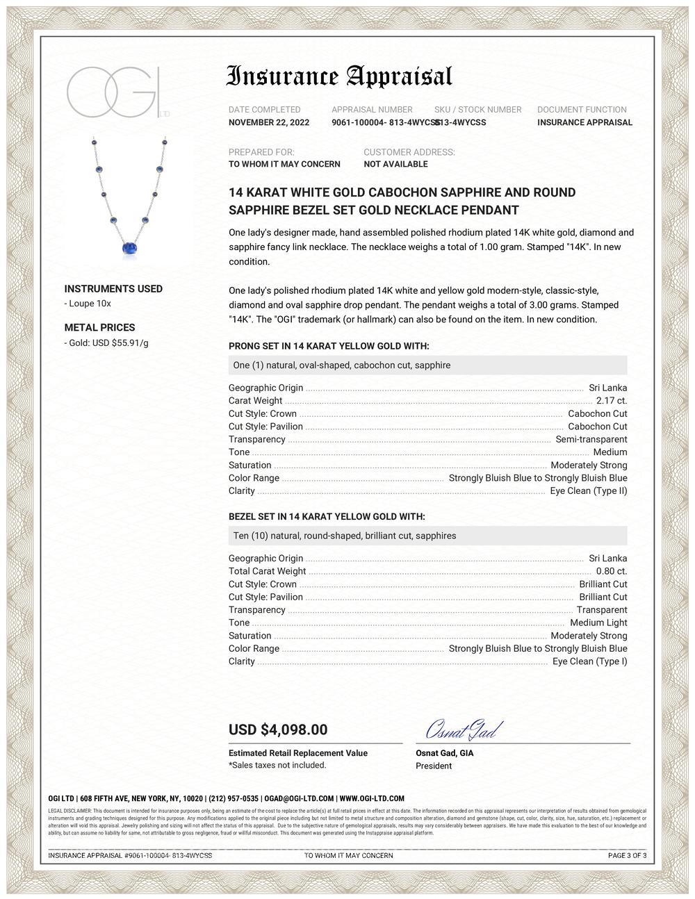 Fourteen karat yellow and white gold necklace pendant 
Pendant measuring 16 inch
Large center Ceylon cabochon ocean blue sapphire weighing 2.17 carat measuring 0.25