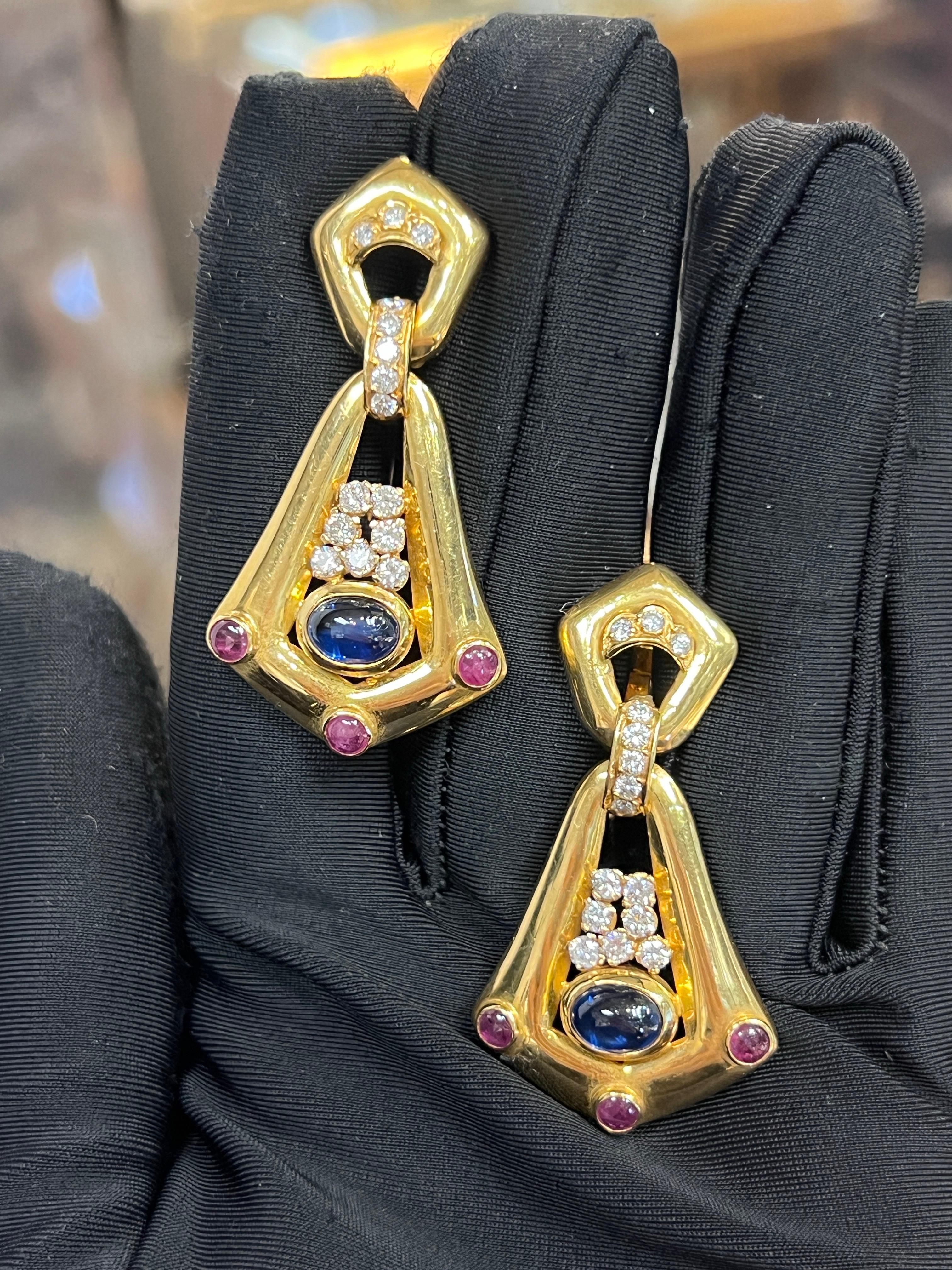 Mixed Cut Cabochon Sapphire and Ruby Earrings For Sale