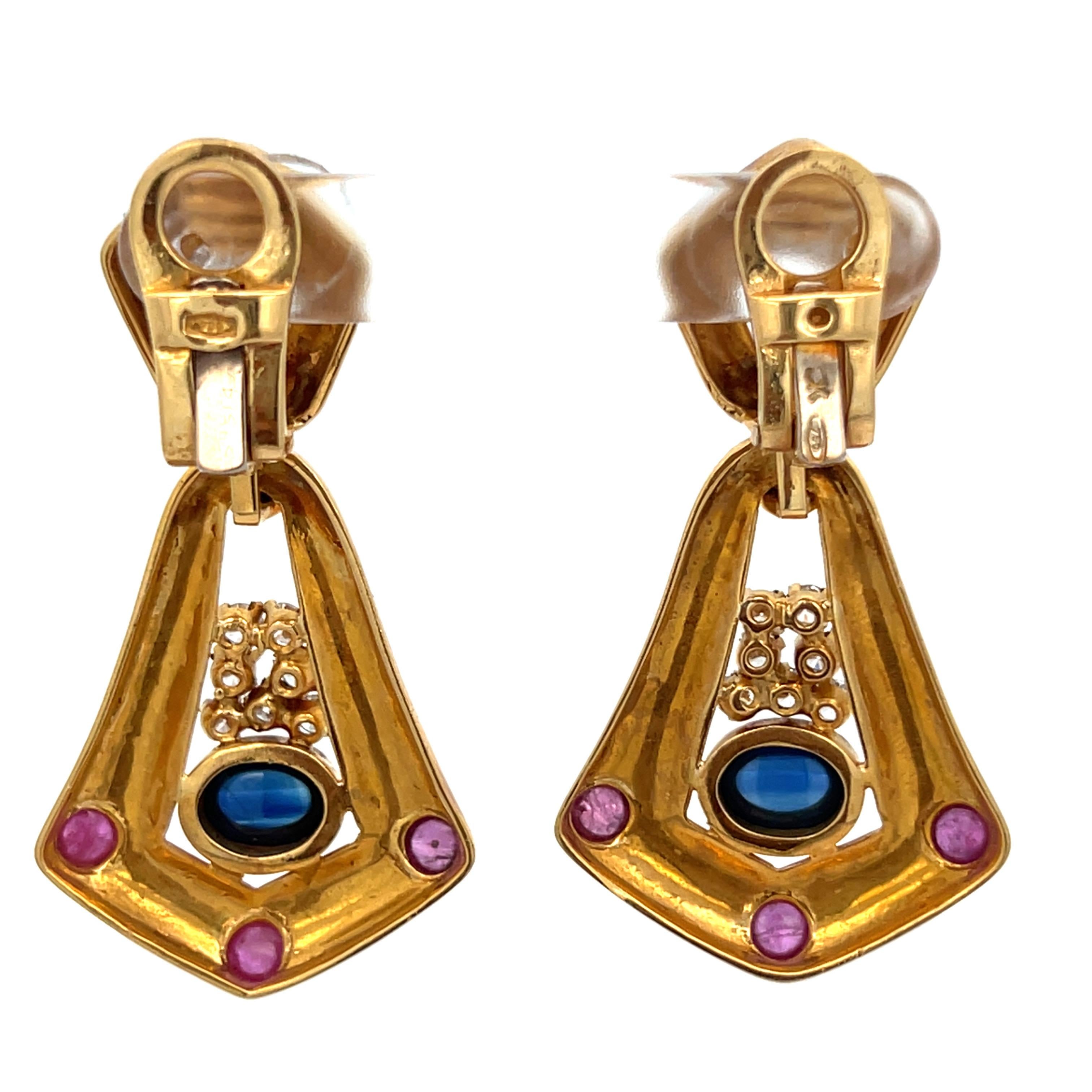 Cabochon Sapphire and Ruby Earrings For Sale 1