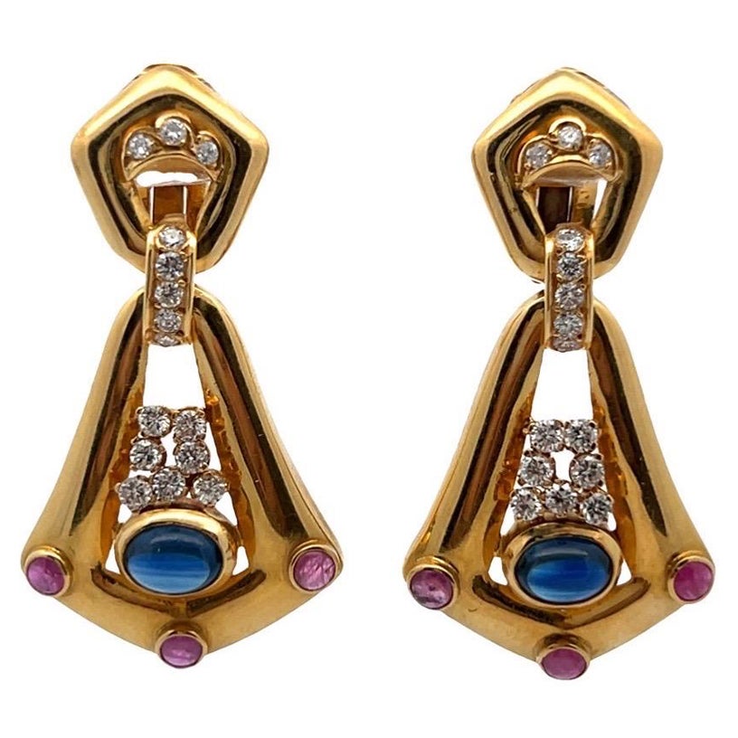 Cabochon Sapphire and Ruby Earrings