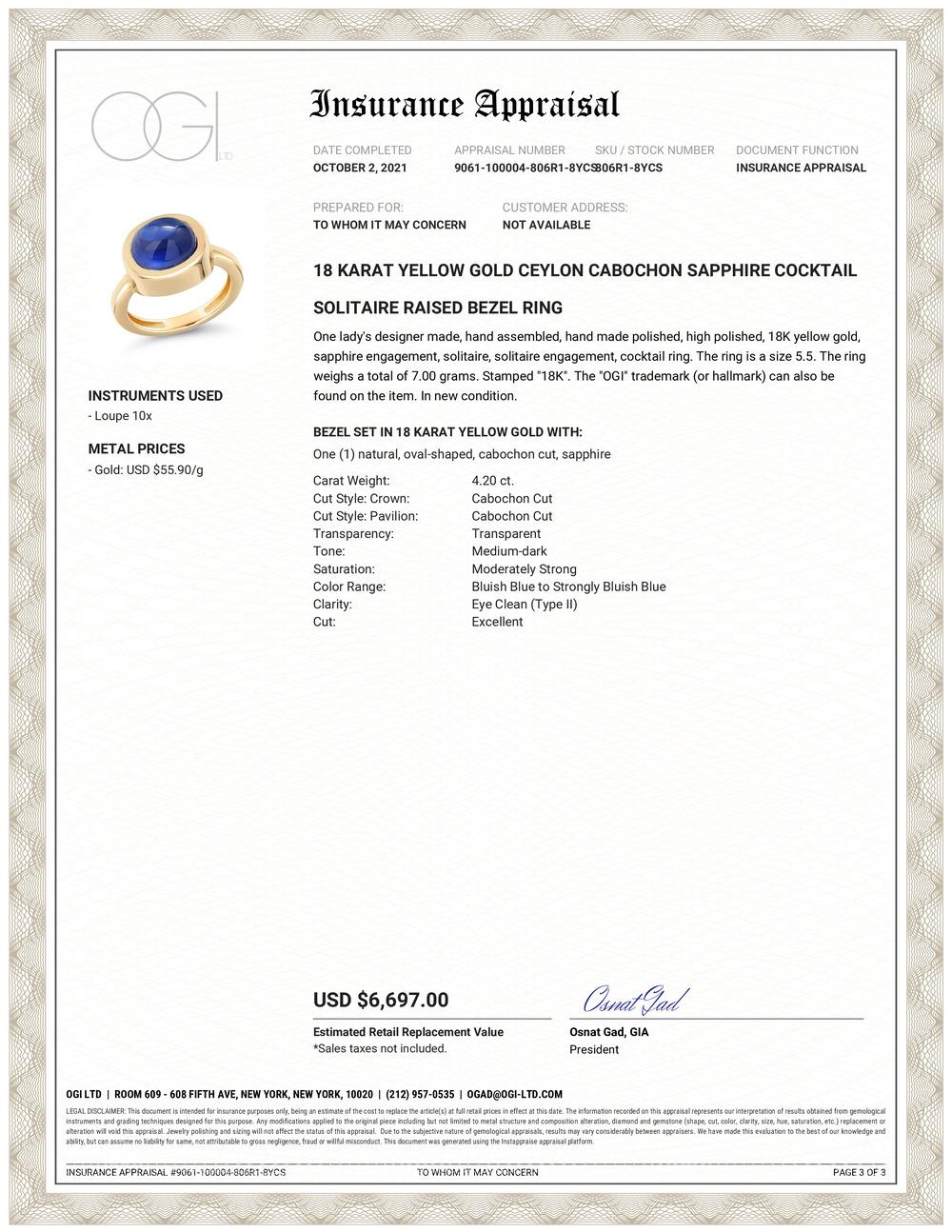 Eighteen karats yellow gold raised bezel dome cocktail ring
Oval-shaped cabochon sapphire weighing 4.20 carats                                                        
Ring size 5.5 In Stock
The ring can be resized 
Ring Shank measuring 2.75