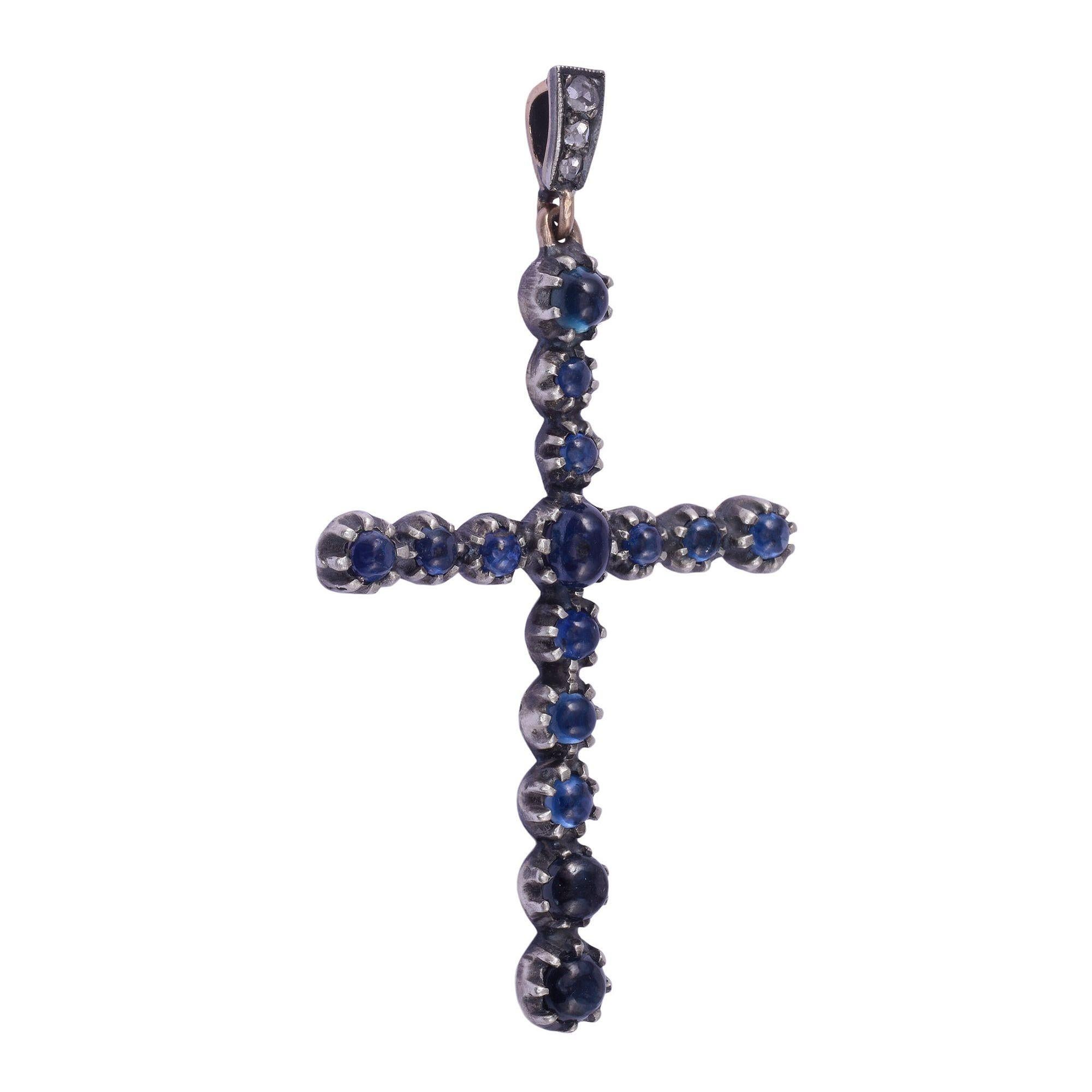 Victorian Cabochon Sapphire Cross Pendant For Sale