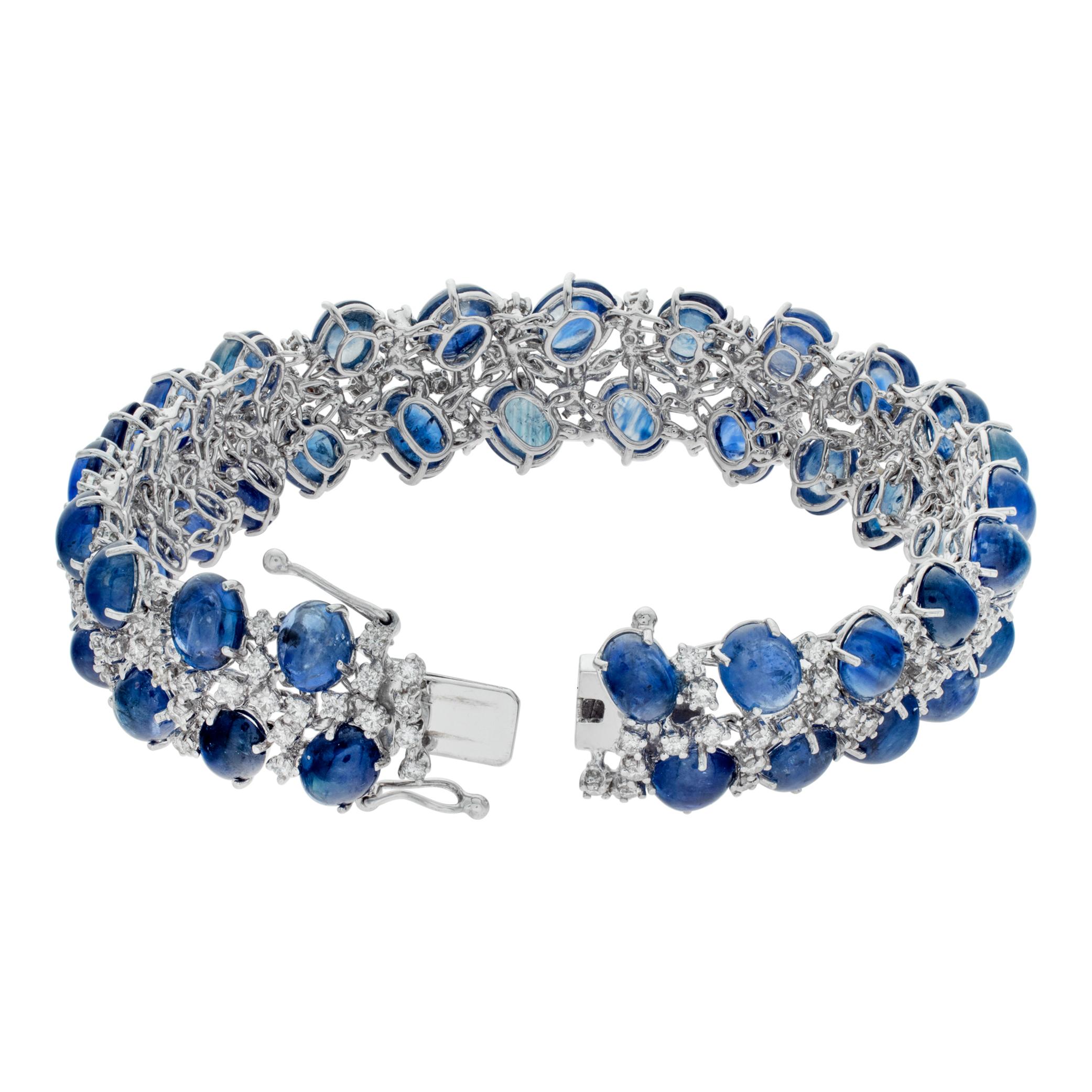 Cabochon Sapphire & diamond 18k white gold line bracelet In Excellent Condition For Sale In Surfside, FL