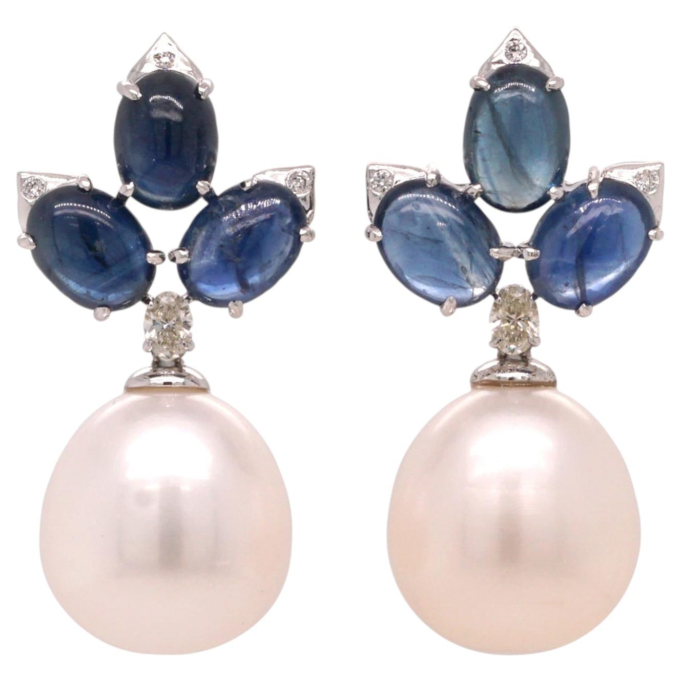 Cabochon Sapphire, Diamond and Pearl Platinum Drop Earrings - Fei Liu For Sale