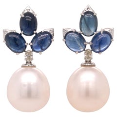 Cabochon Sapphire, Diamond and Pearl Platinum Drop Earrings - Fei Liu