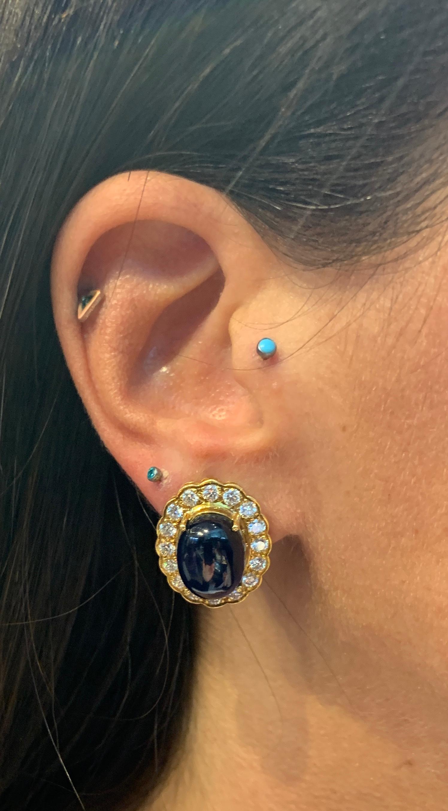 Cabochon Sapphire & Diamond Earrings In Excellent Condition In New York, NY