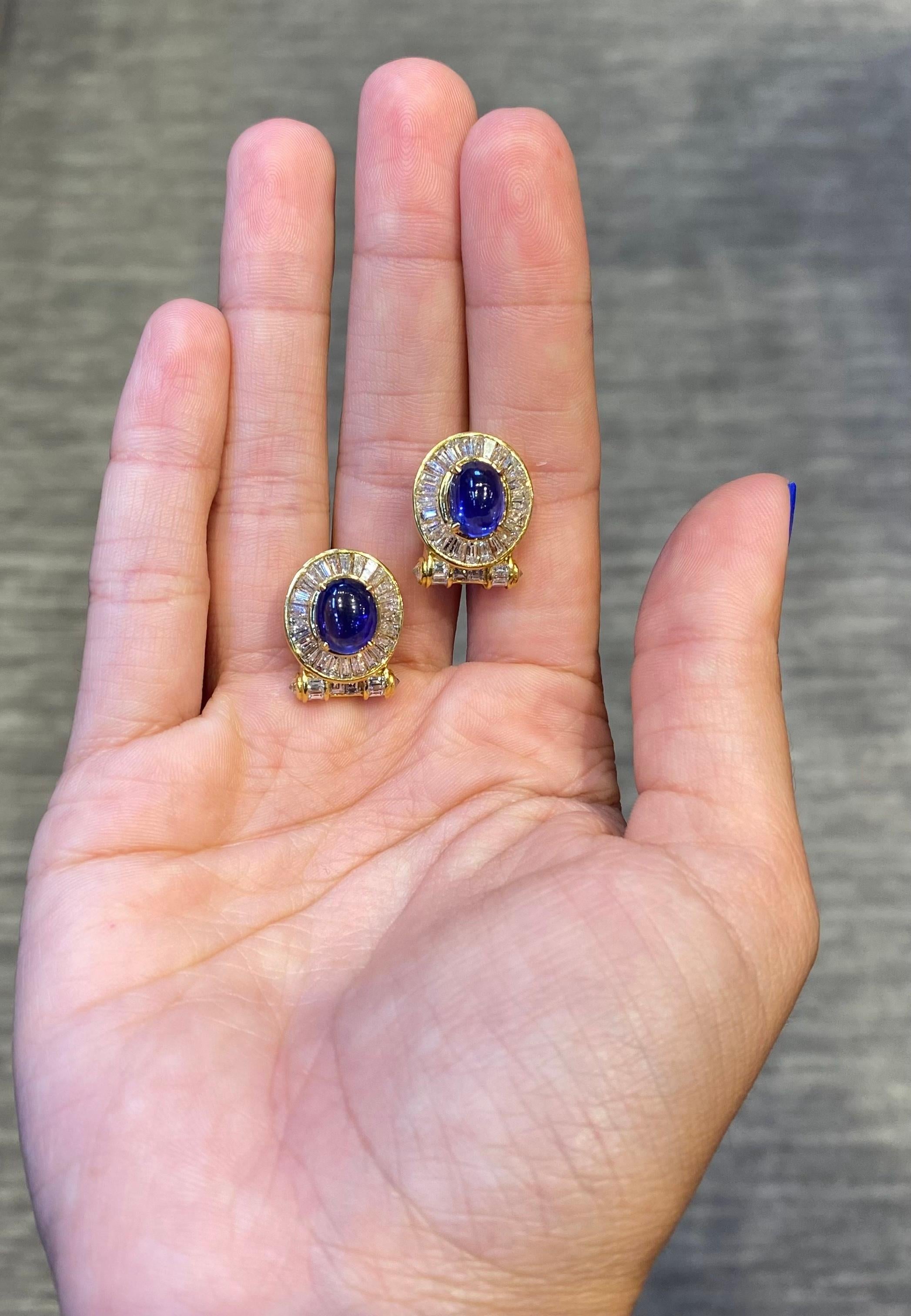 Cabochon Sapphire & Diamond Earrings  In Excellent Condition For Sale In New York, NY