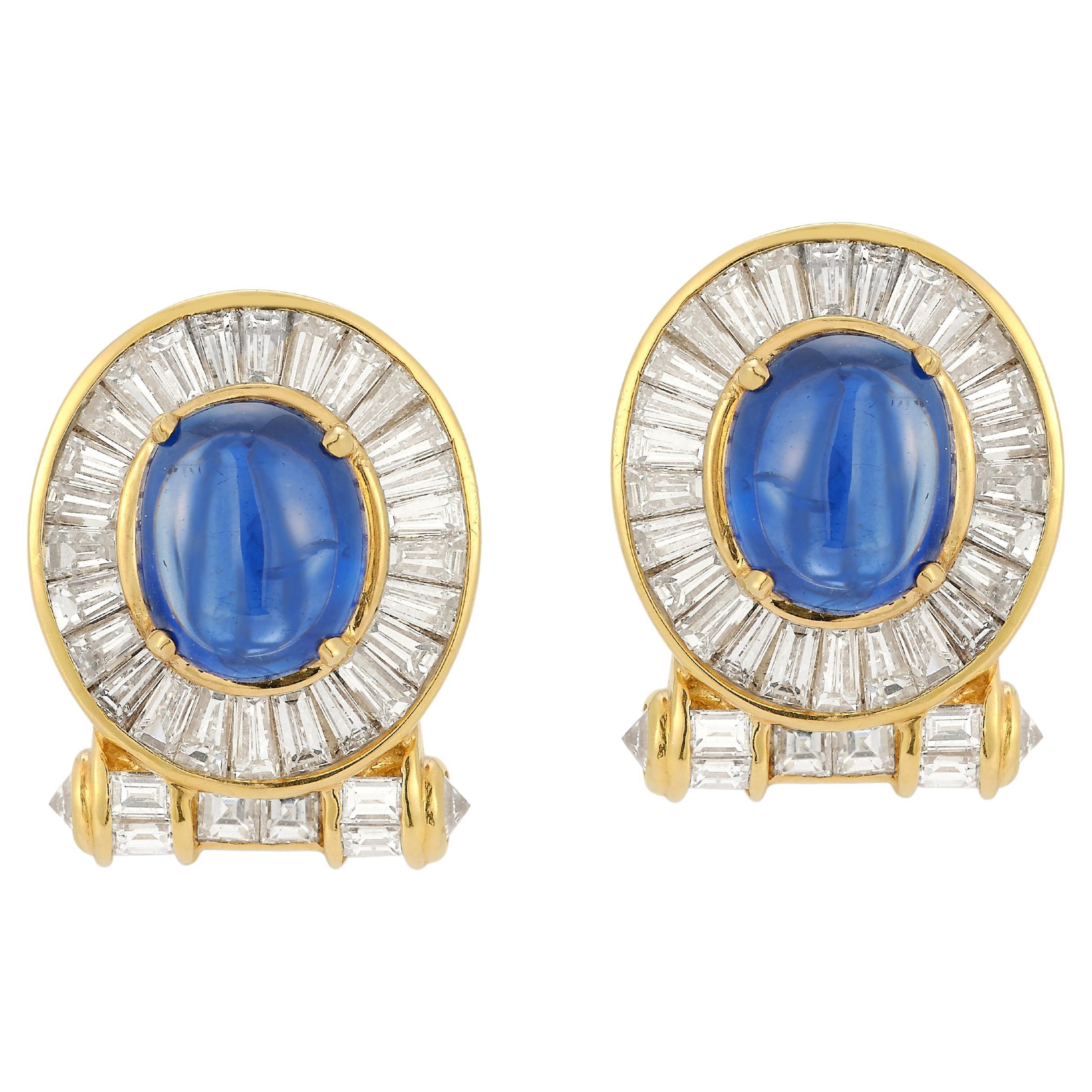 Cabochon Sapphire & Diamond Earrings  For Sale