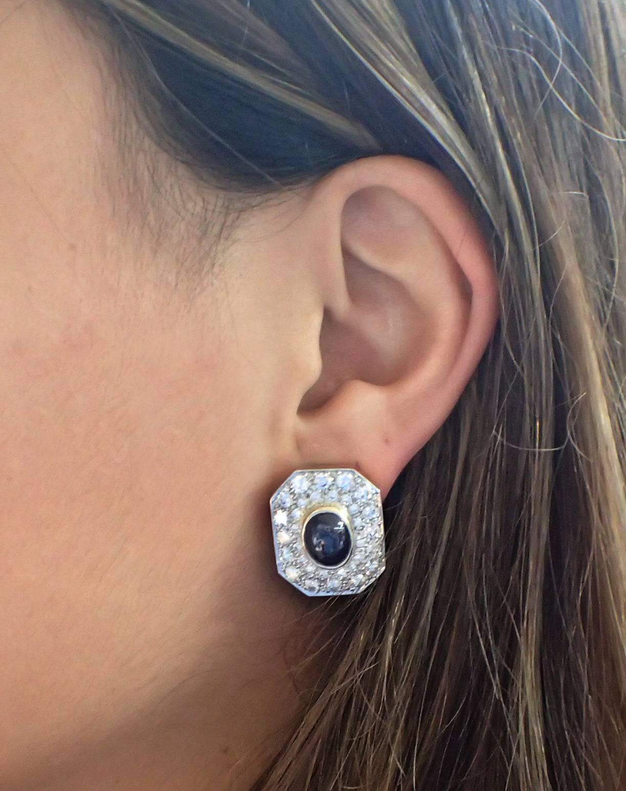 Cabochon Sapphire Diamond Gold Earrings In Excellent Condition For Sale In New York, NY