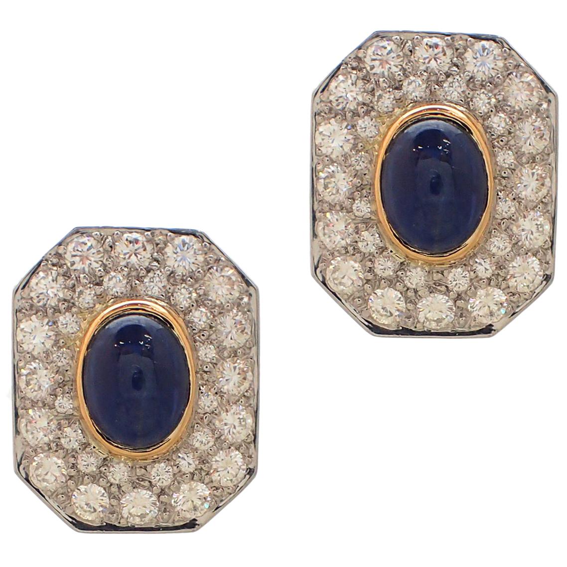 Cabochon Sapphire Diamond Gold Earrings For Sale