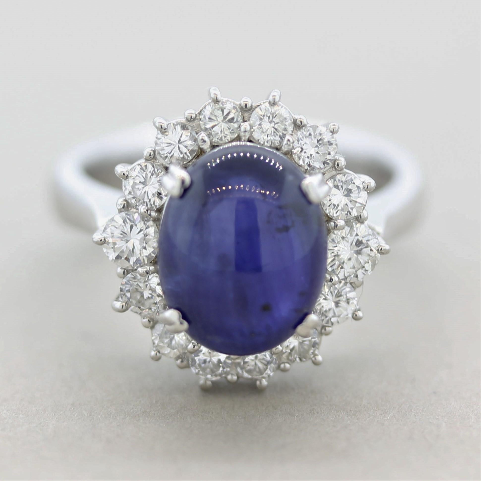 Mixed Cut Cabochon Sapphire Diamond Halo Platinum Ring For Sale