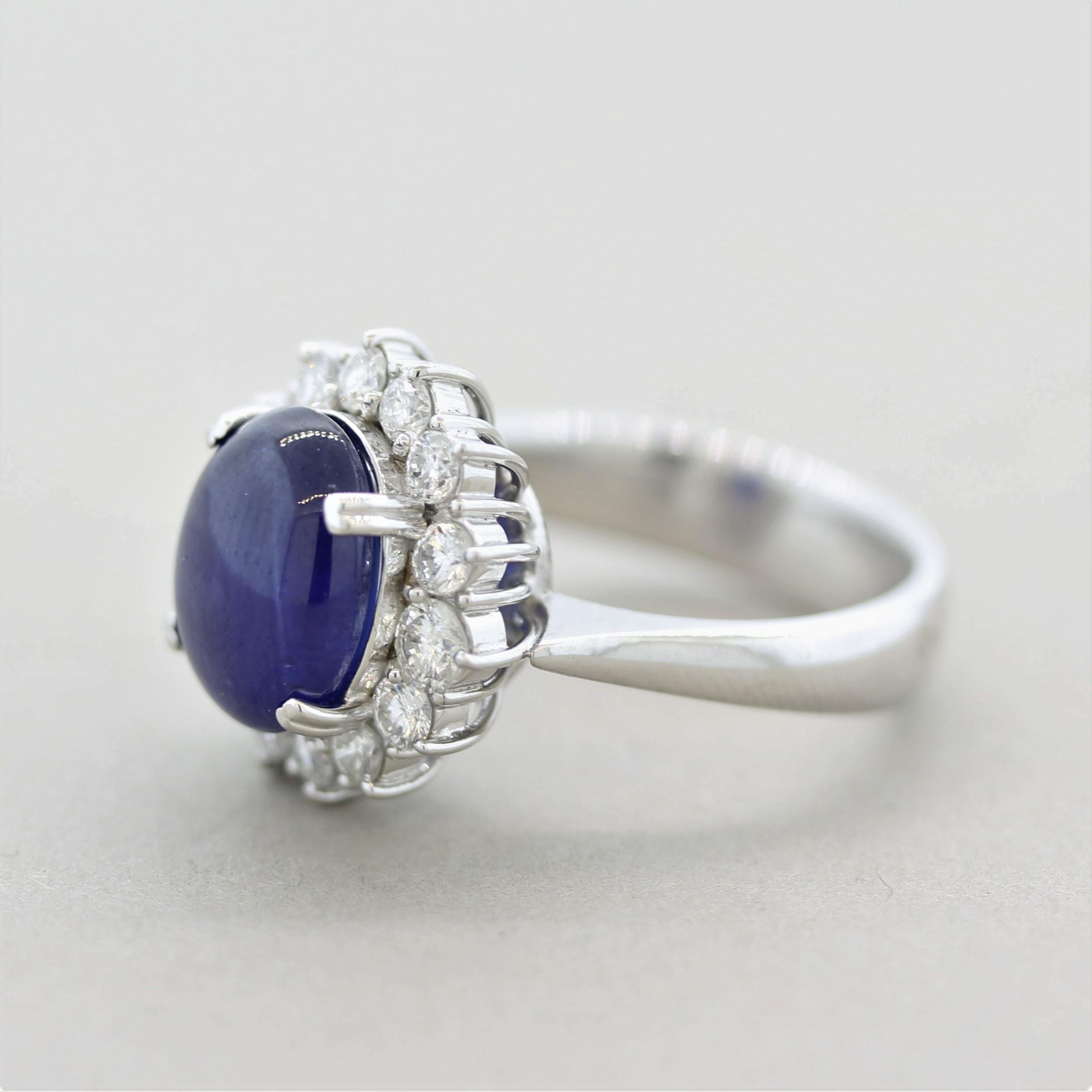 Cabochon Sapphire Diamond Halo Platinum Ring In New Condition For Sale In Beverly Hills, CA