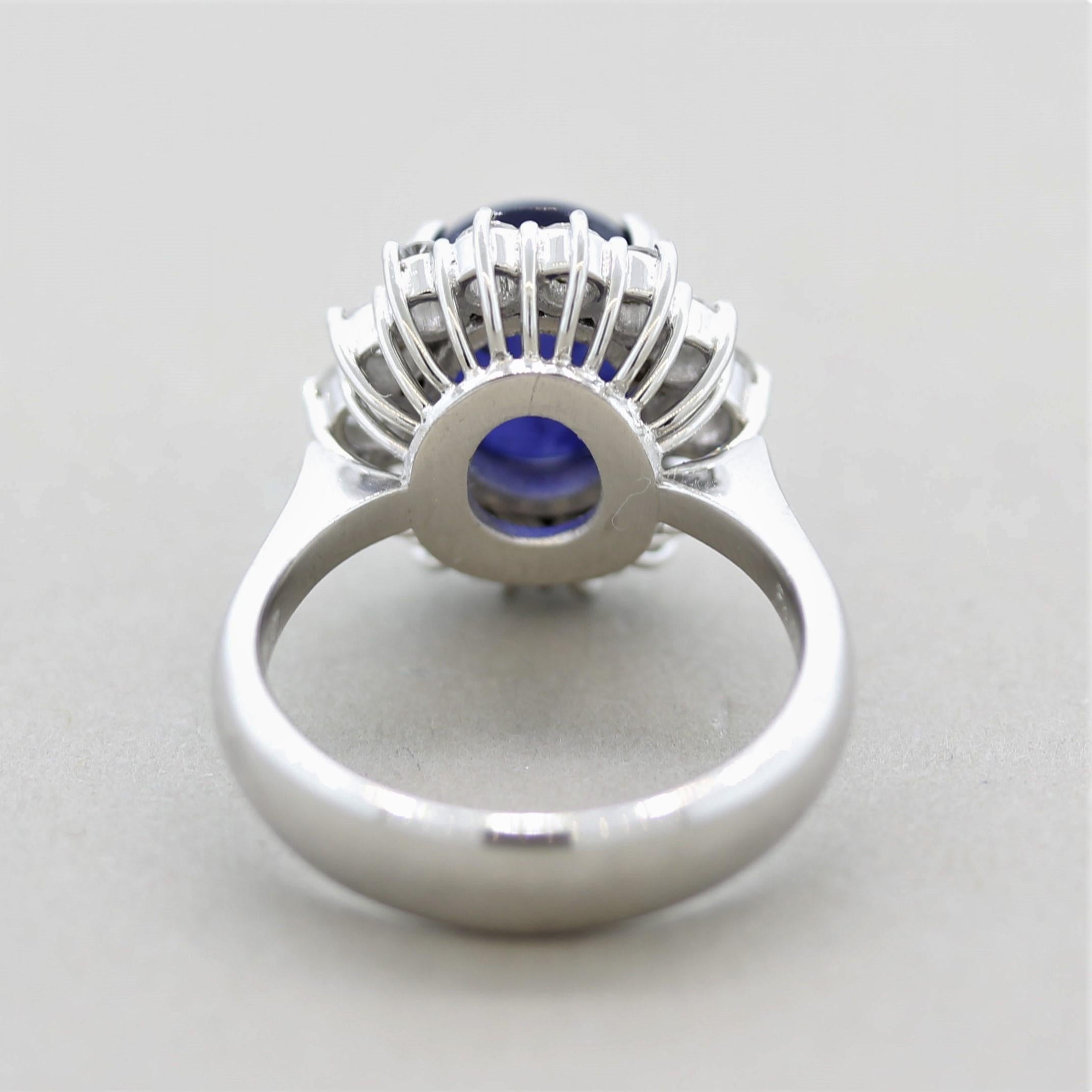 Women's Cabochon Sapphire Diamond Halo Platinum Ring For Sale