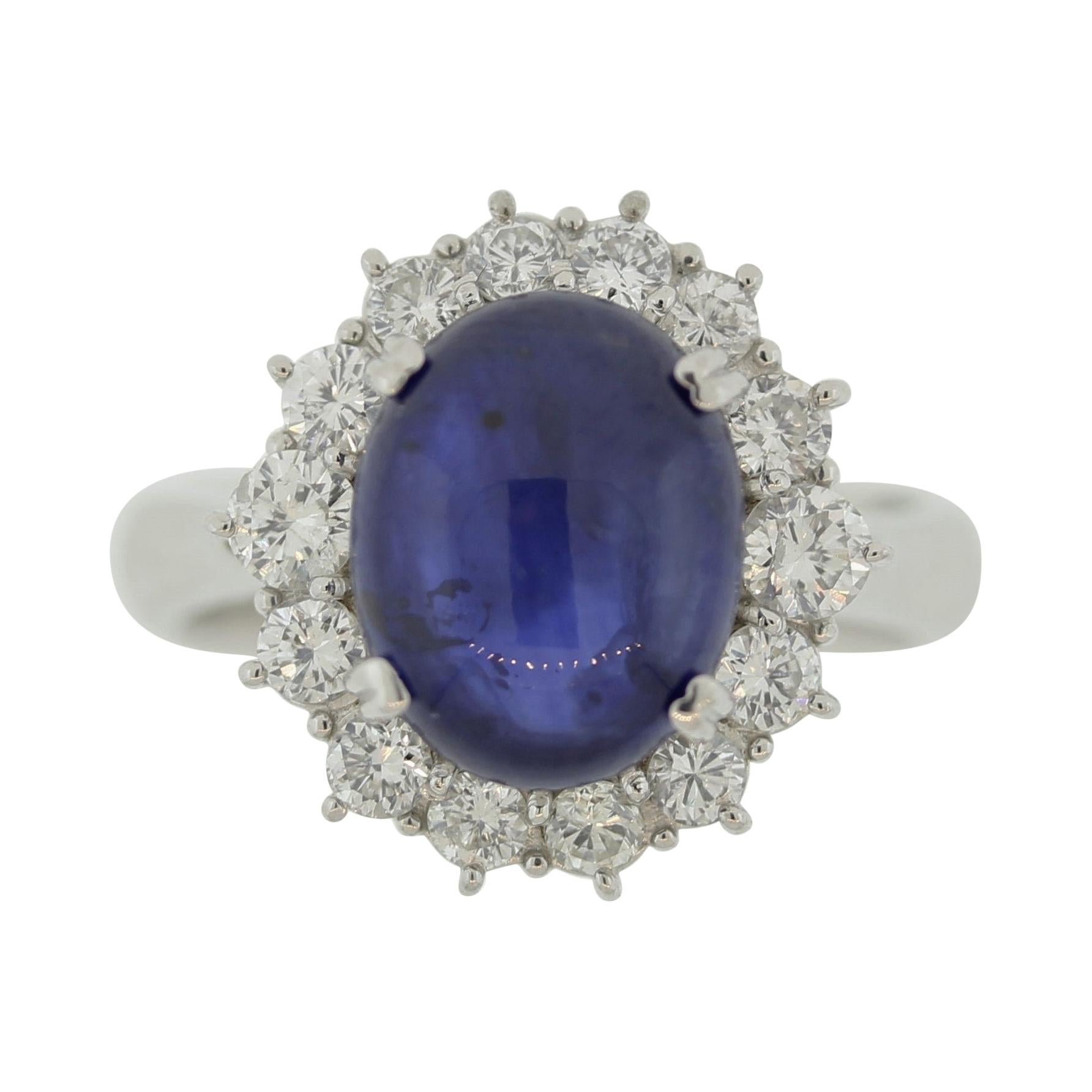 Cabochon Sapphire Diamond Halo Platinum Ring For Sale