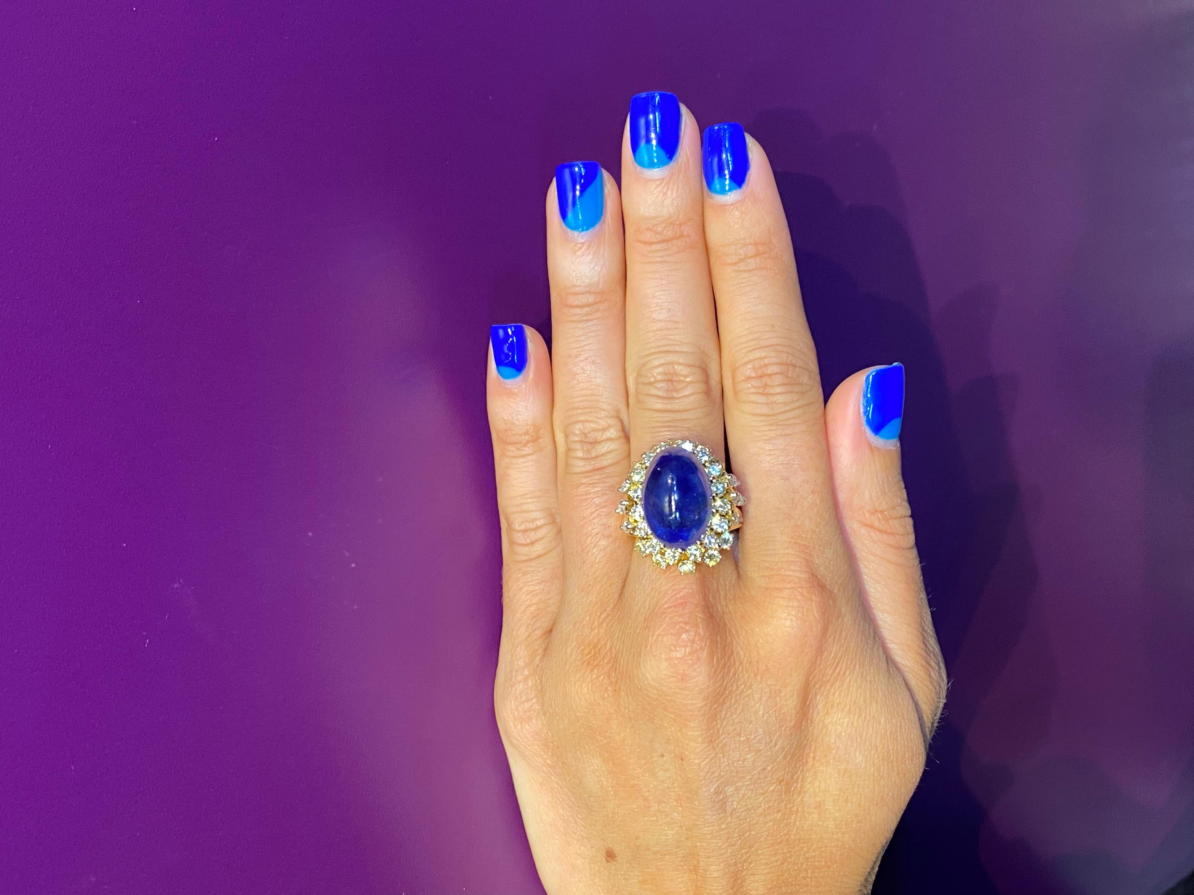 Oval Cut Cabochon Sapphire & Diamond Ring For Sale