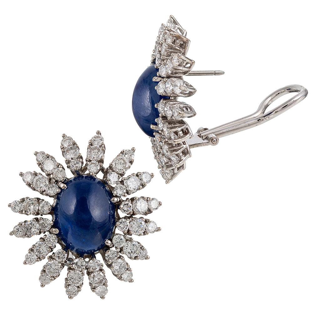 Cabochon Sapphire and Diamond Starburst Cluster Earrings In Good Condition In Carmel-by-the-Sea, CA