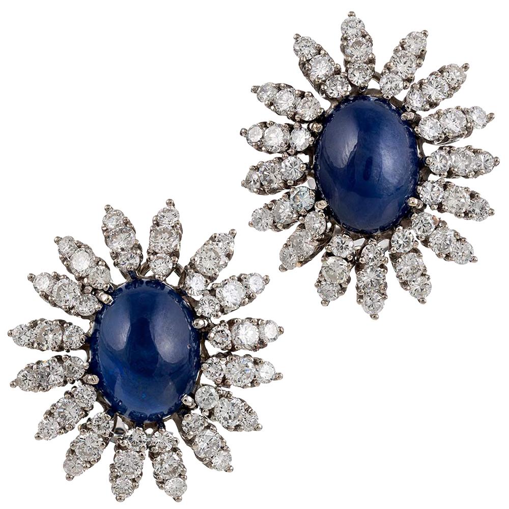 Cabochon Sapphire and Diamond Starburst Cluster Earrings