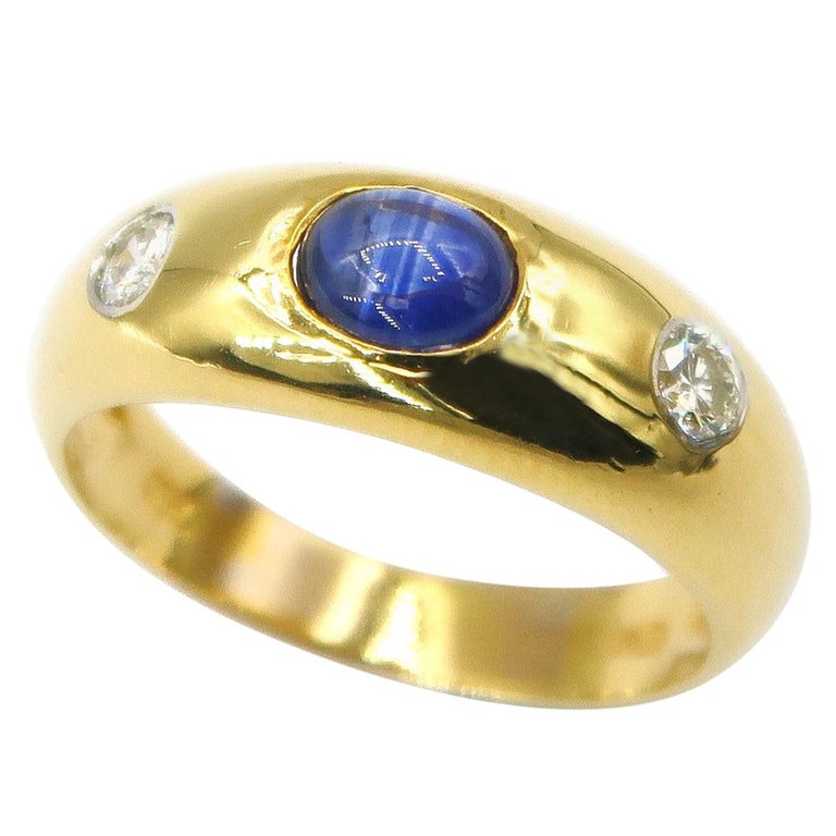 Cabochon Sapphire Diamond Three-Stone 18K Yellow Gold Ring For Sale