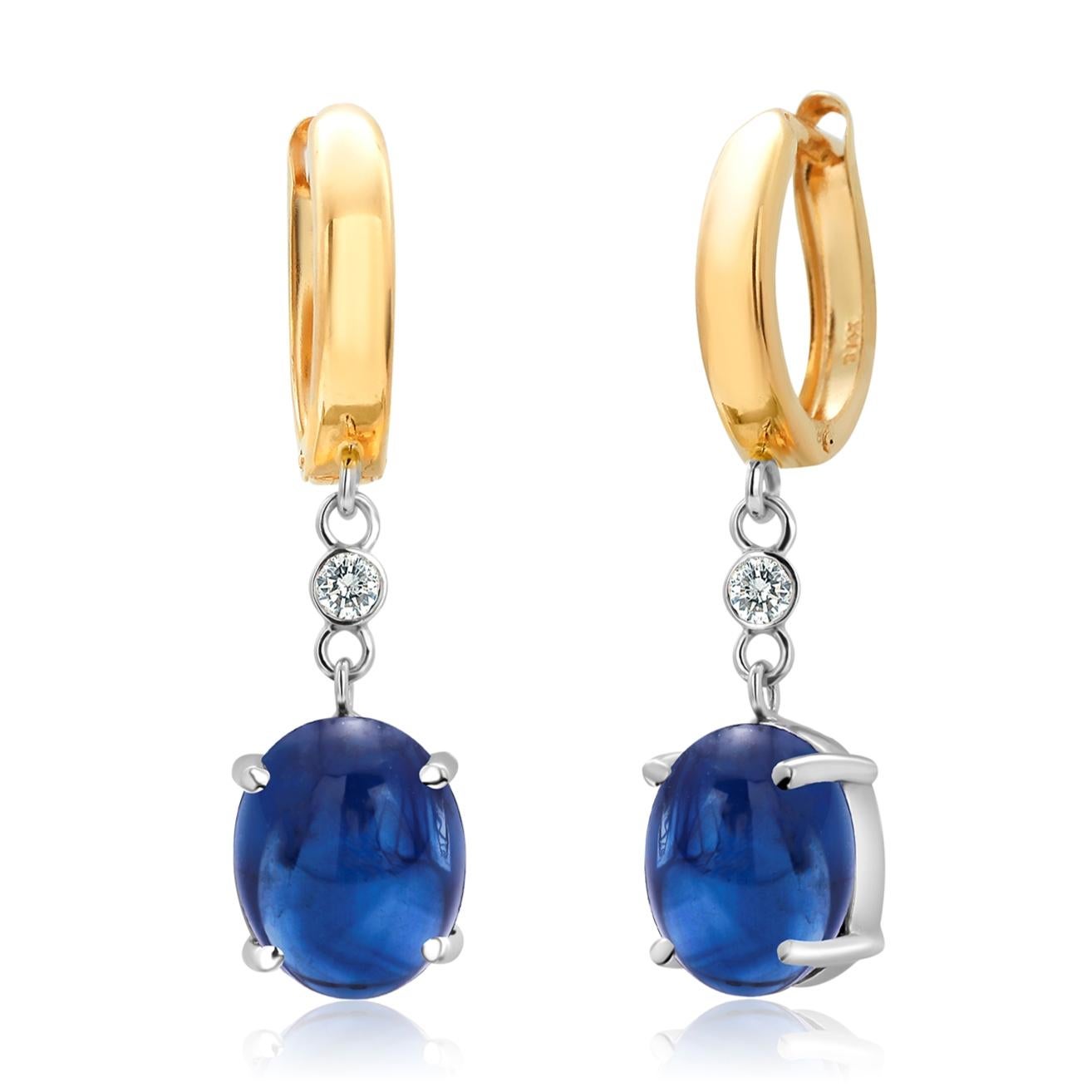Oval Cut Cabochon Sapphire Diamond Yellow and White Gold Huggie Lever Back Hoop Earrings